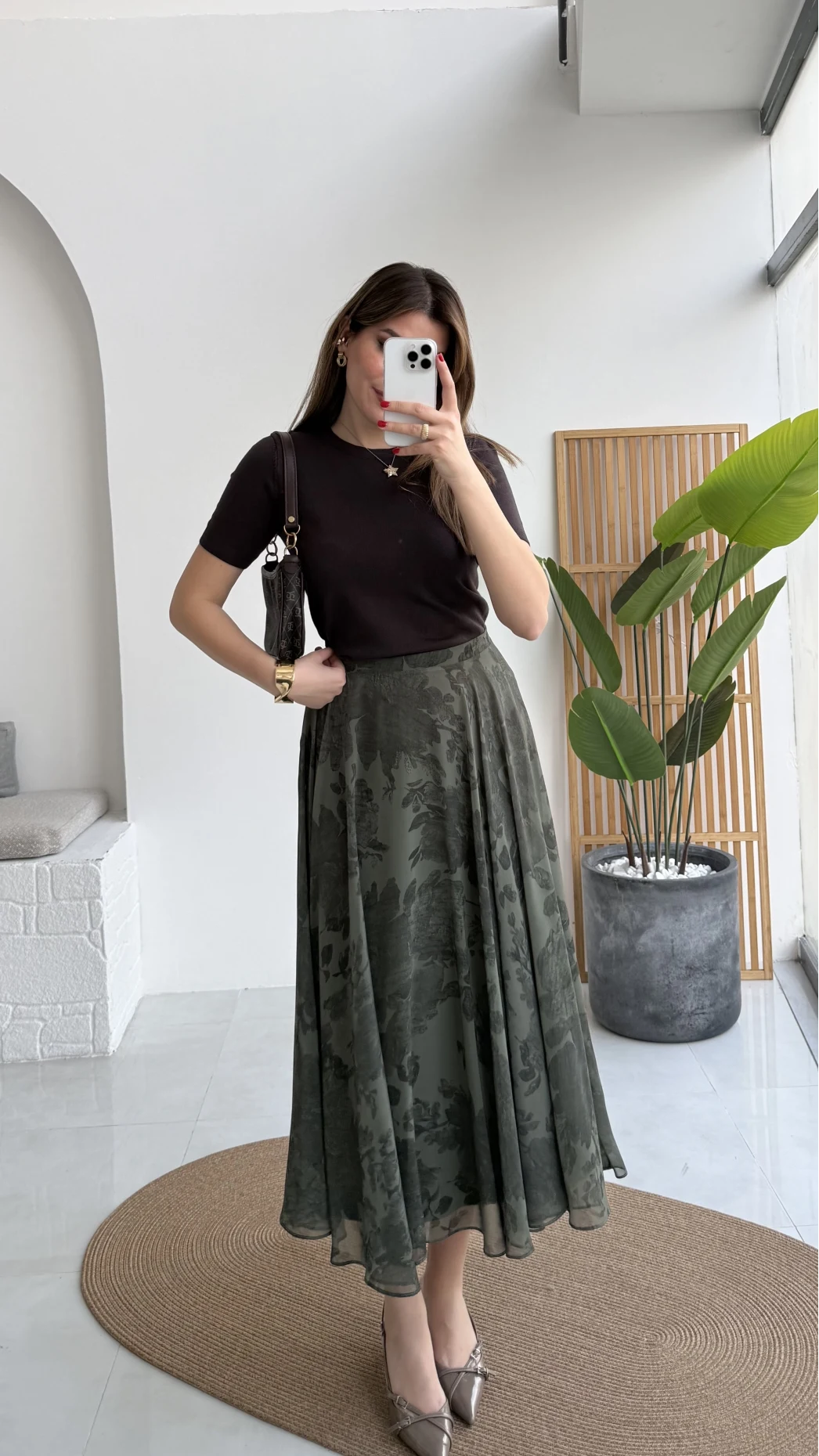 Çiçek Desenli Astarlı Tül Etek - Haki