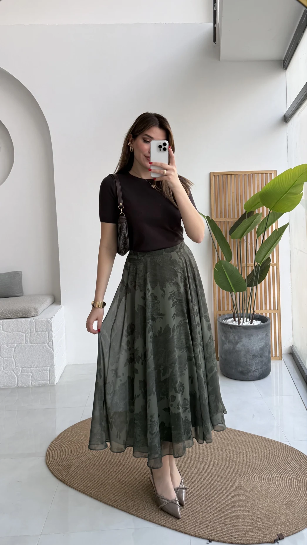 Çiçek Desenli Astarlı Tül Etek - Haki