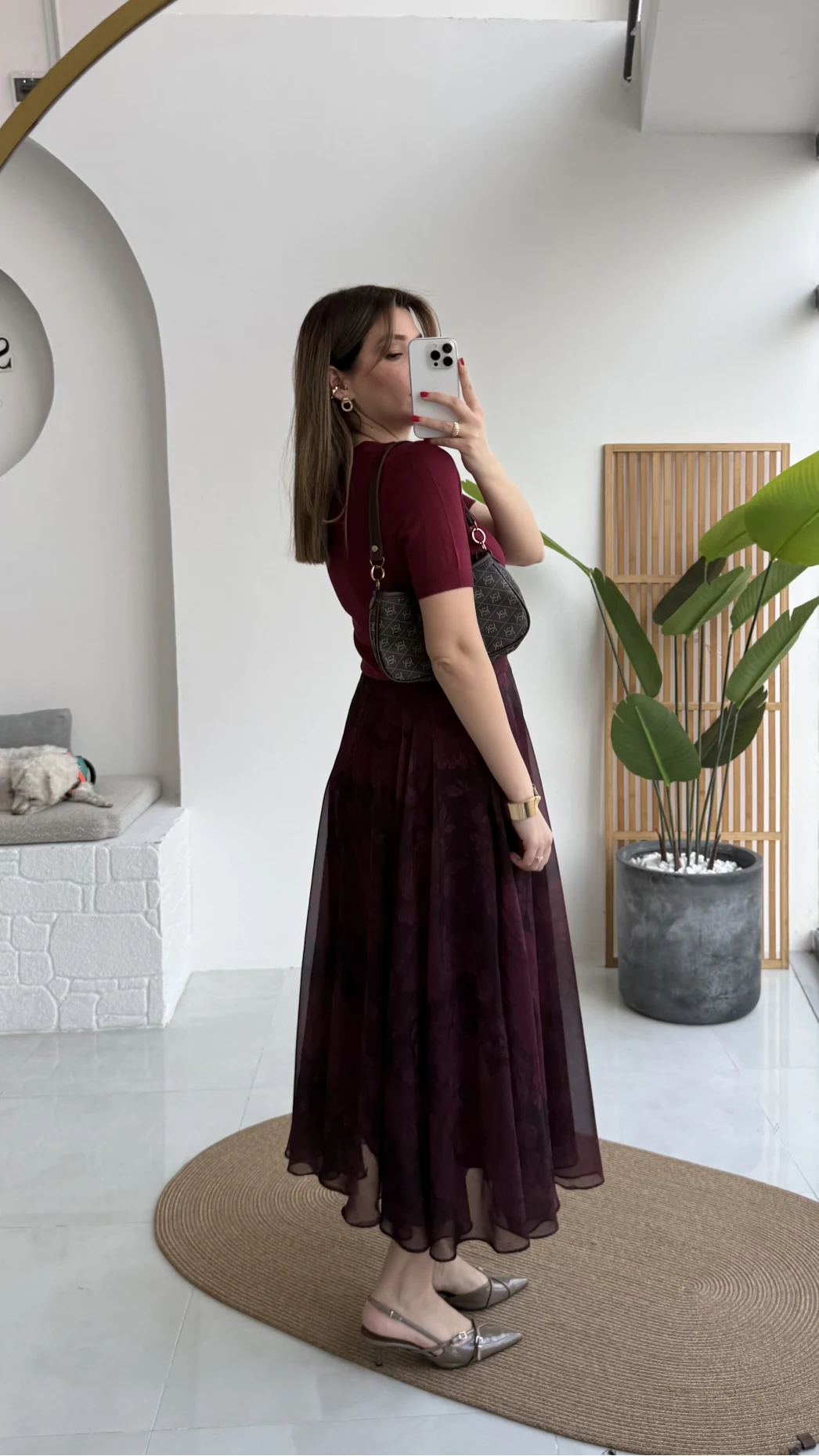 Çiçek Desenli Astarlı Tül Etek - Mürdüm