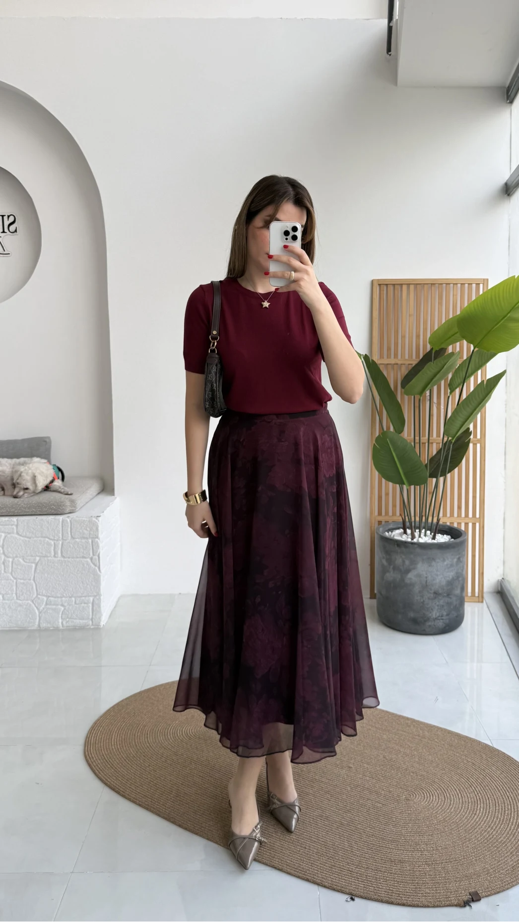 Çiçek Desenli Astarlı Tül Etek - Mürdüm