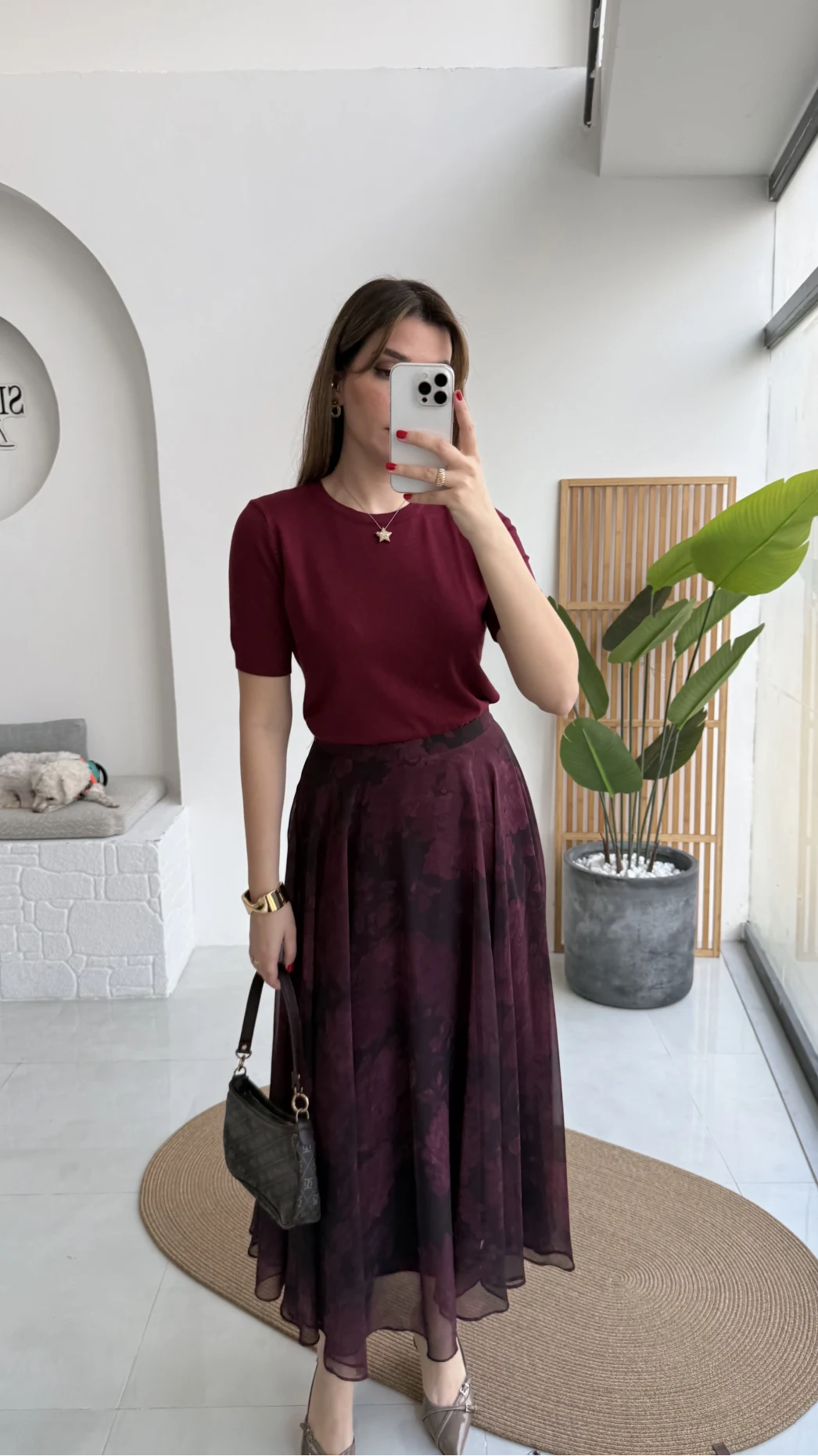 Çiçek Desenli Astarlı Tül Etek - Mürdüm