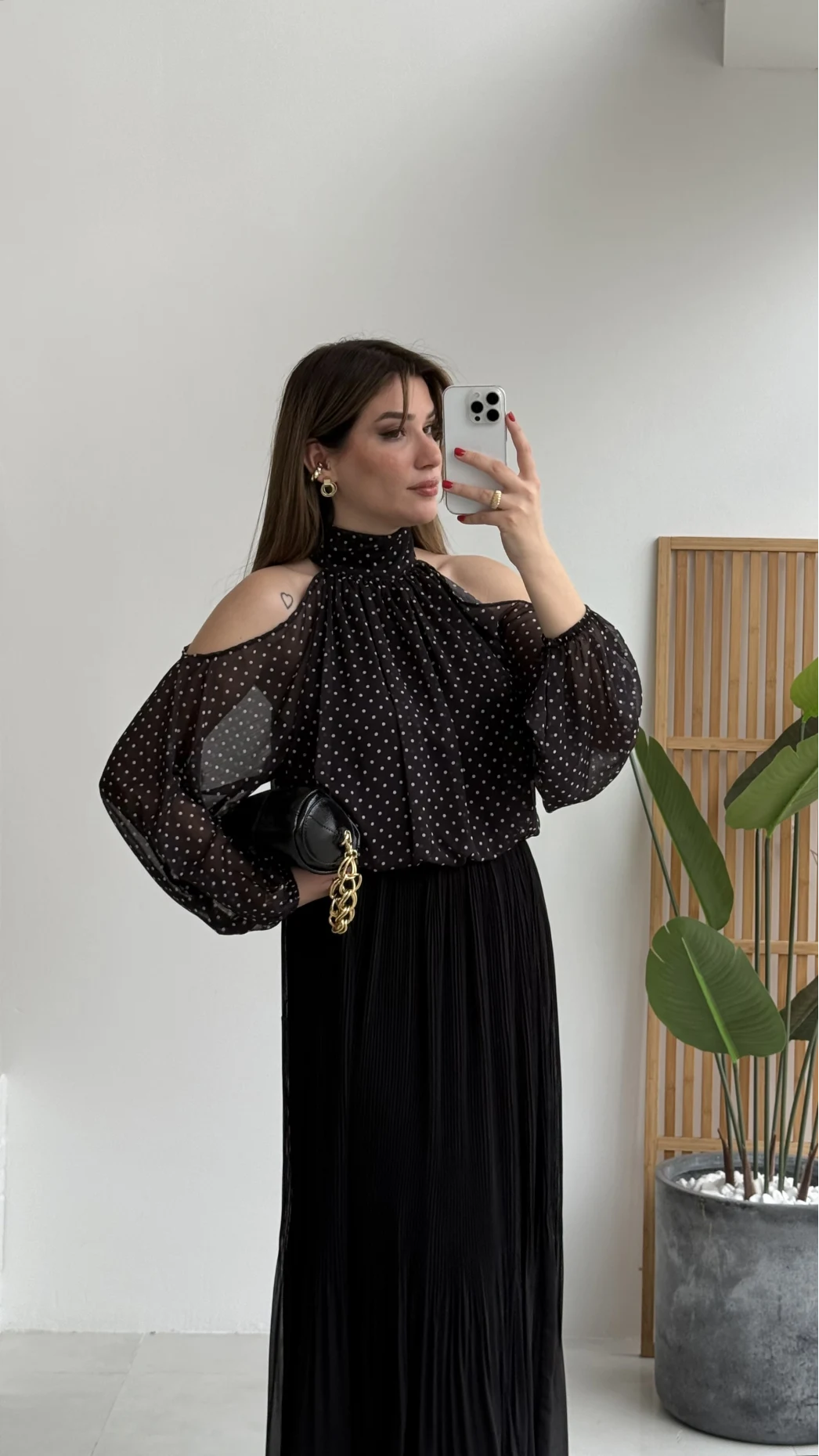 Puantiye Desen Şifon Bluz - Siyah - Kod: 0906