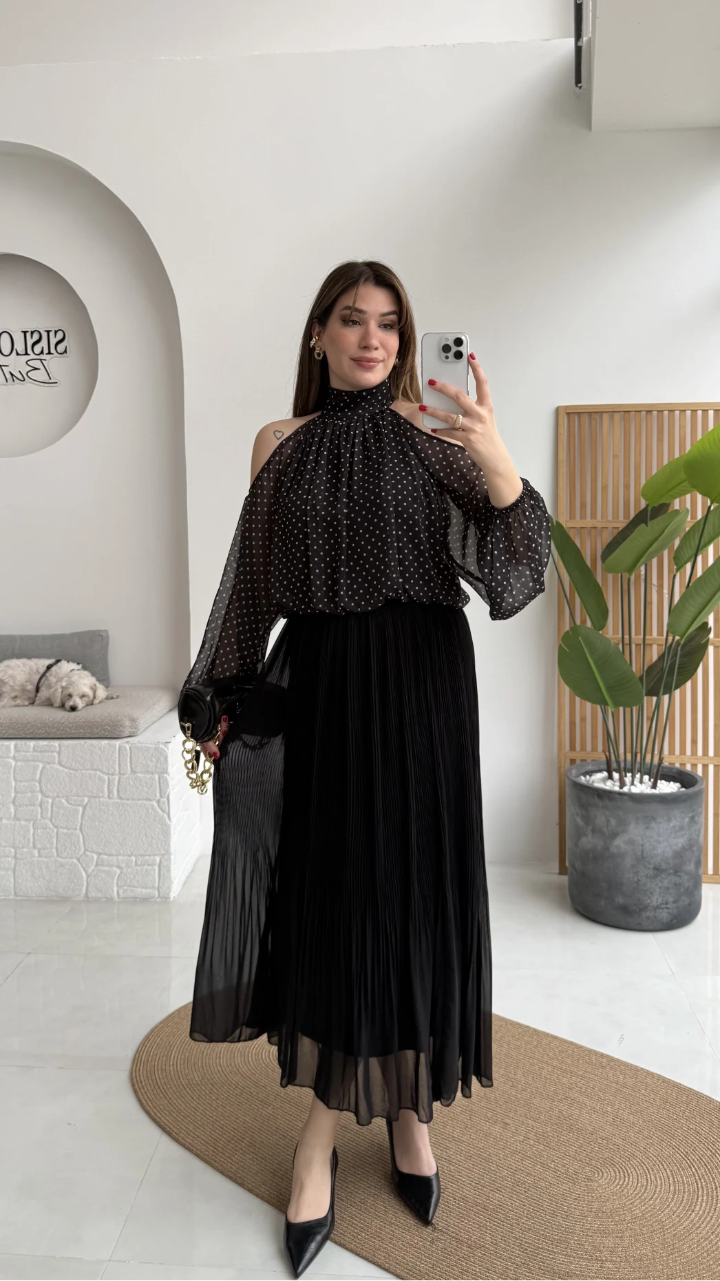 Puantiye Desen Şifon Bluz - Siyah - Kod: 0906