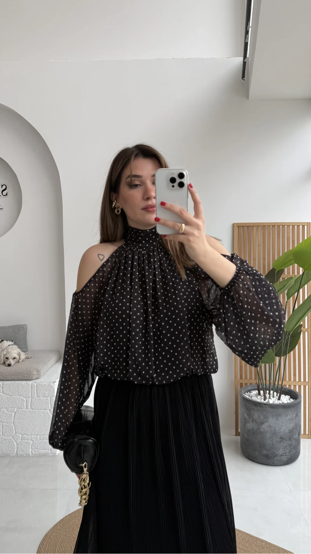 Puantiye Desen Şifon Bluz - Siyah - Kod: 0906