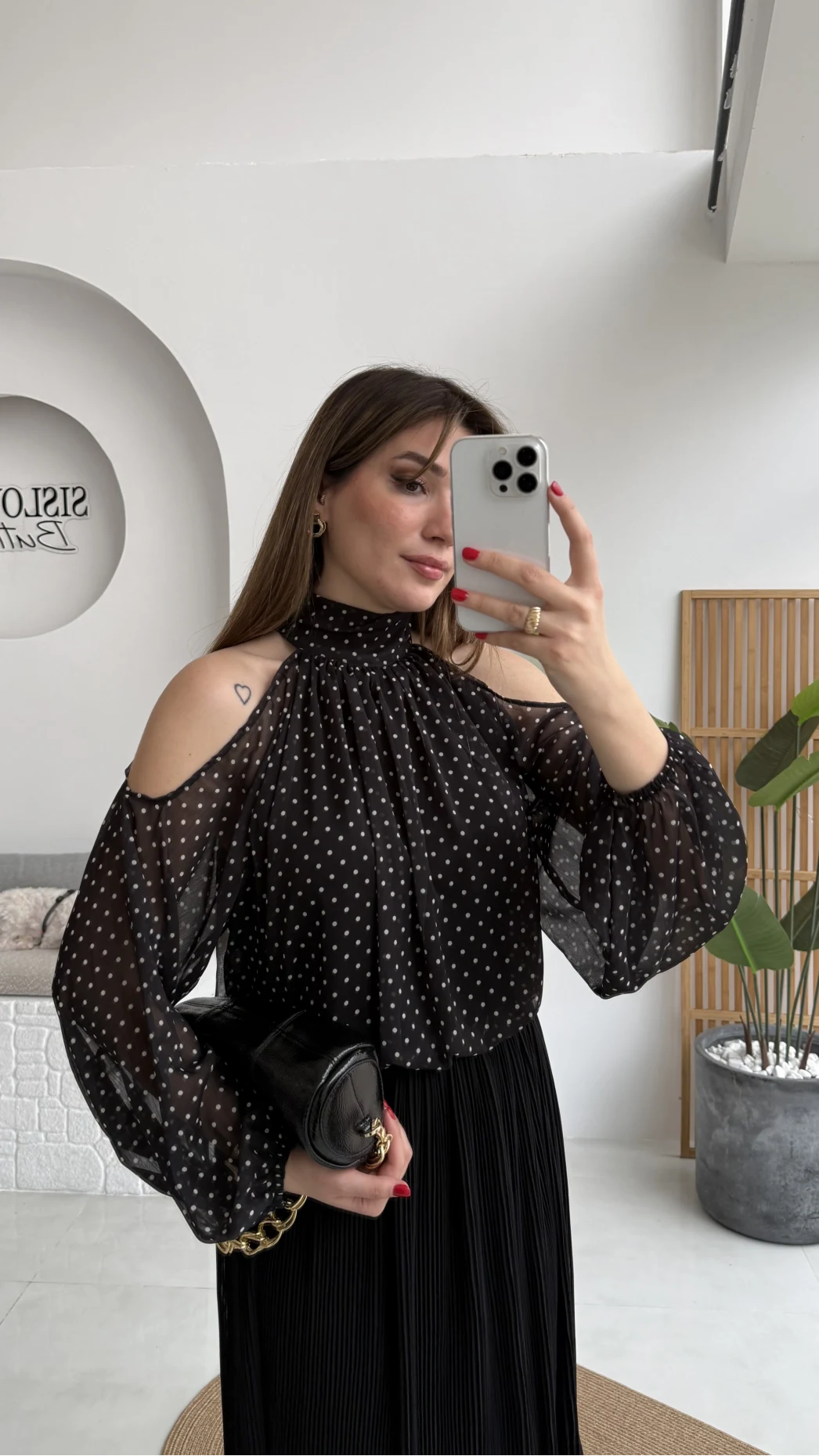 Puantiye Desen Şifon Bluz - Siyah - Kod: 0906