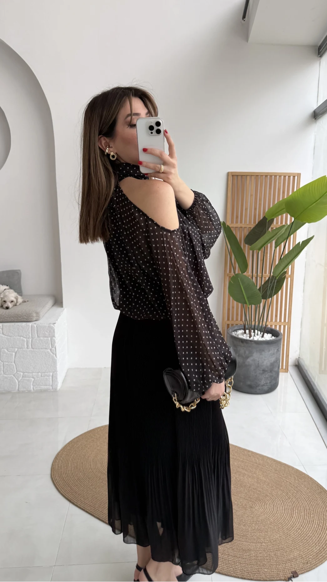 Puantiye Desen Şifon Bluz - Siyah - Kod: 0906