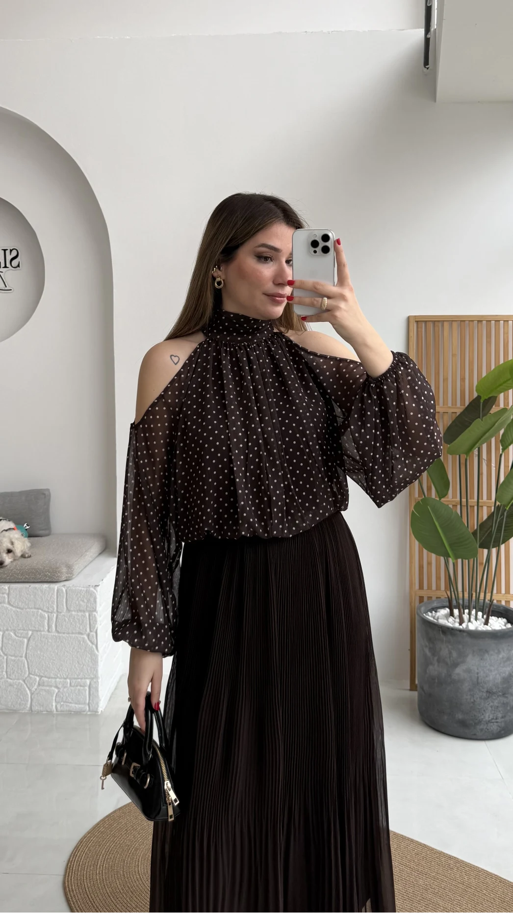 Puantiye Desen Şifon Bluz - Kahverengi - Kod: 0906