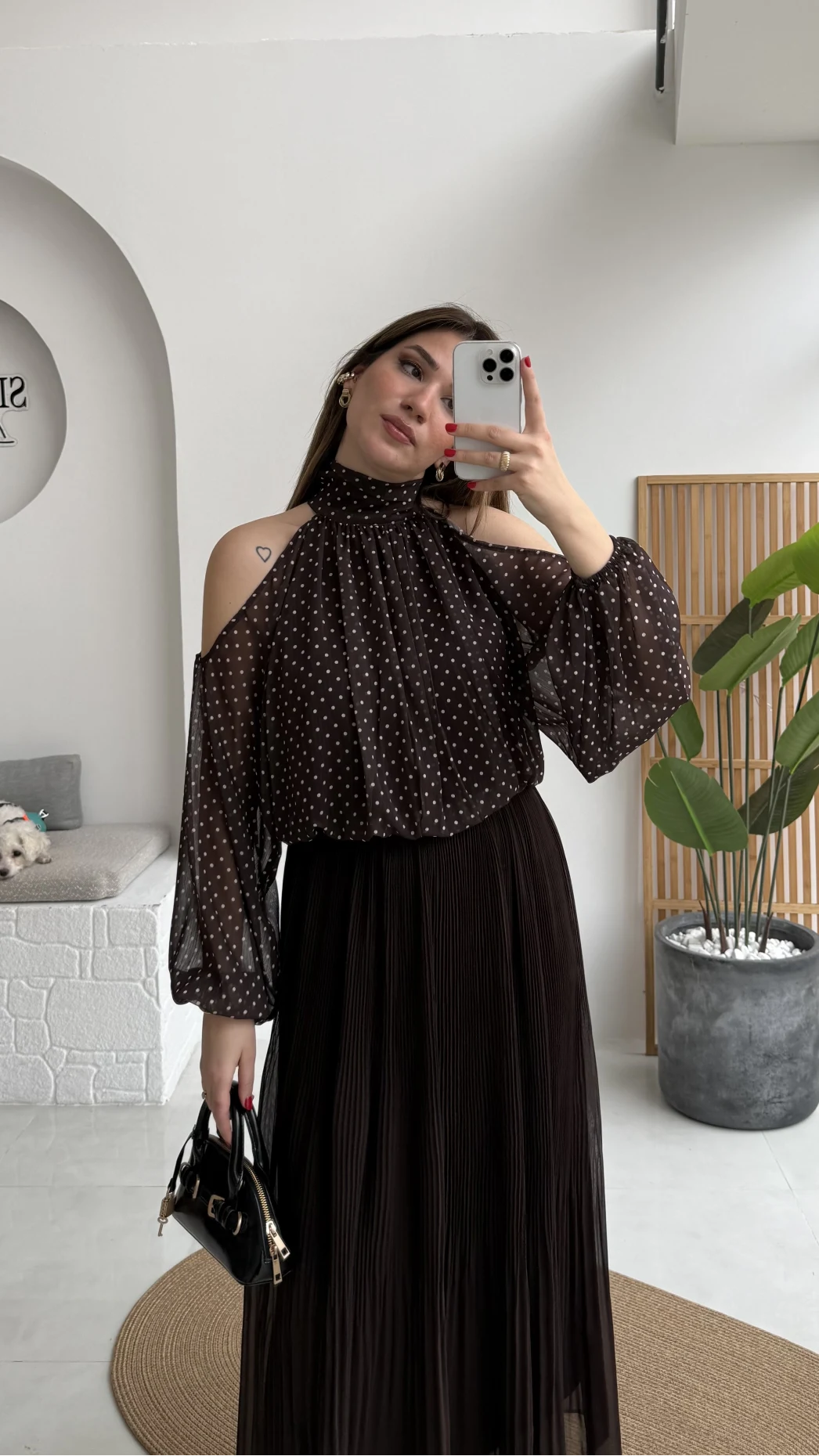 Puantiye Desen Şifon Bluz - Kahverengi - Kod: 0906