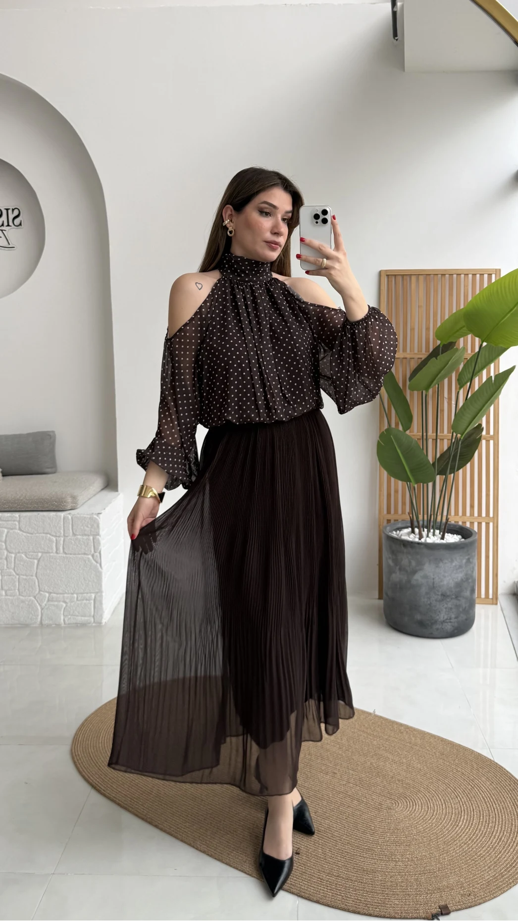 Puantiye Desen Şifon Bluz - Kahverengi - Kod: 0906