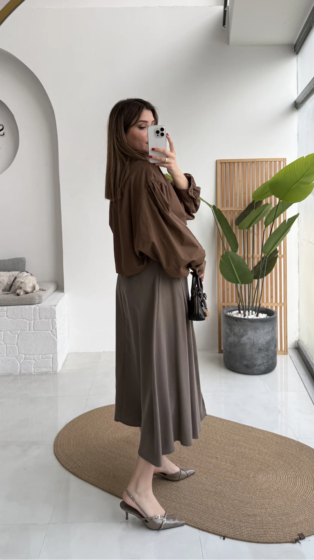 Crop Balon Kol Poplin Gömlek - Kahve - Kod: 5008