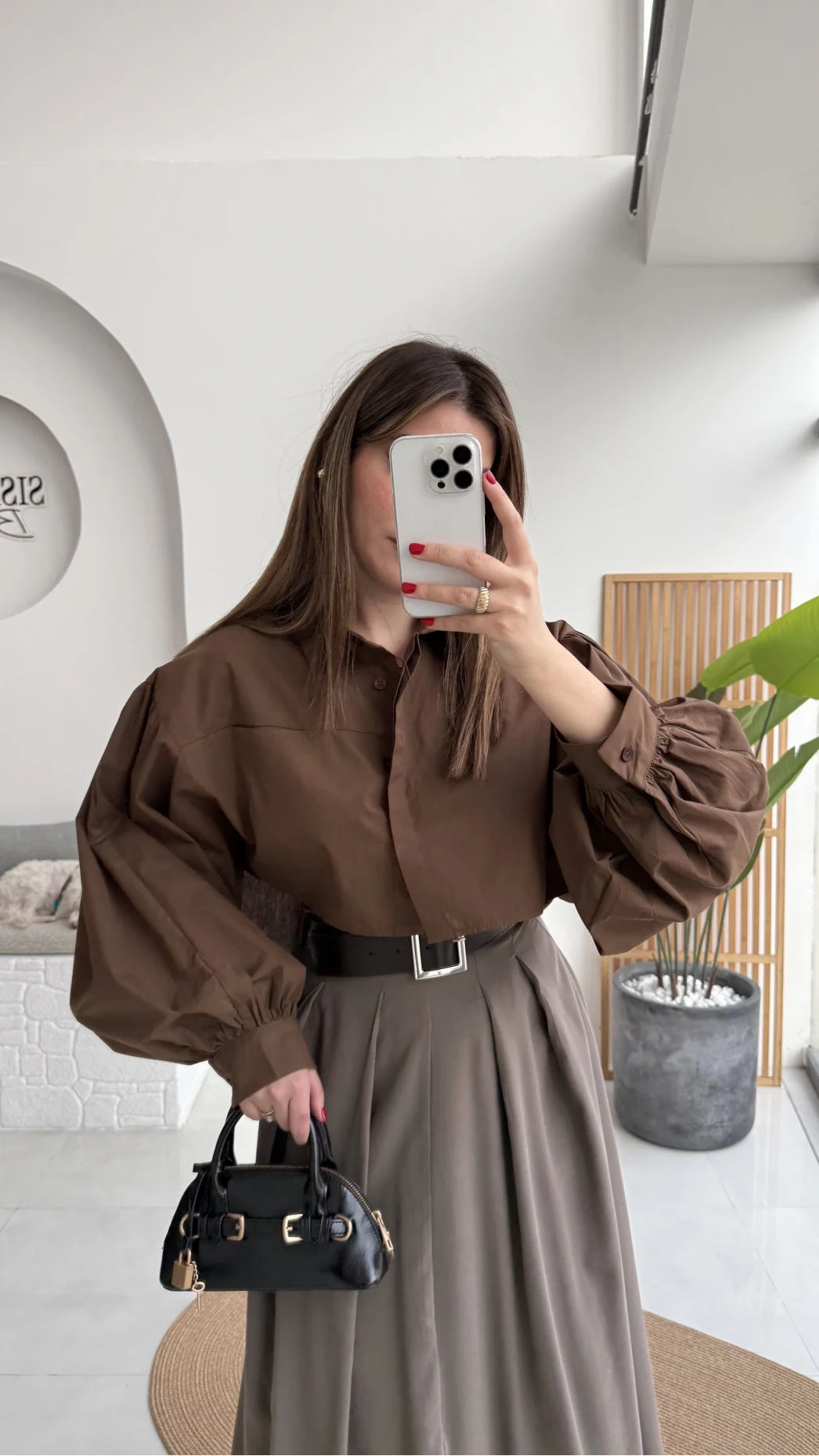 Crop Balon Kol Poplin Gömlek - Kahve - Kod: 5008