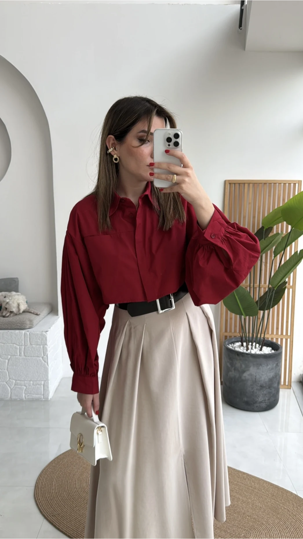 Crop Balon Kol Poplin Gömlek - Kırmızı - Kod: 5008