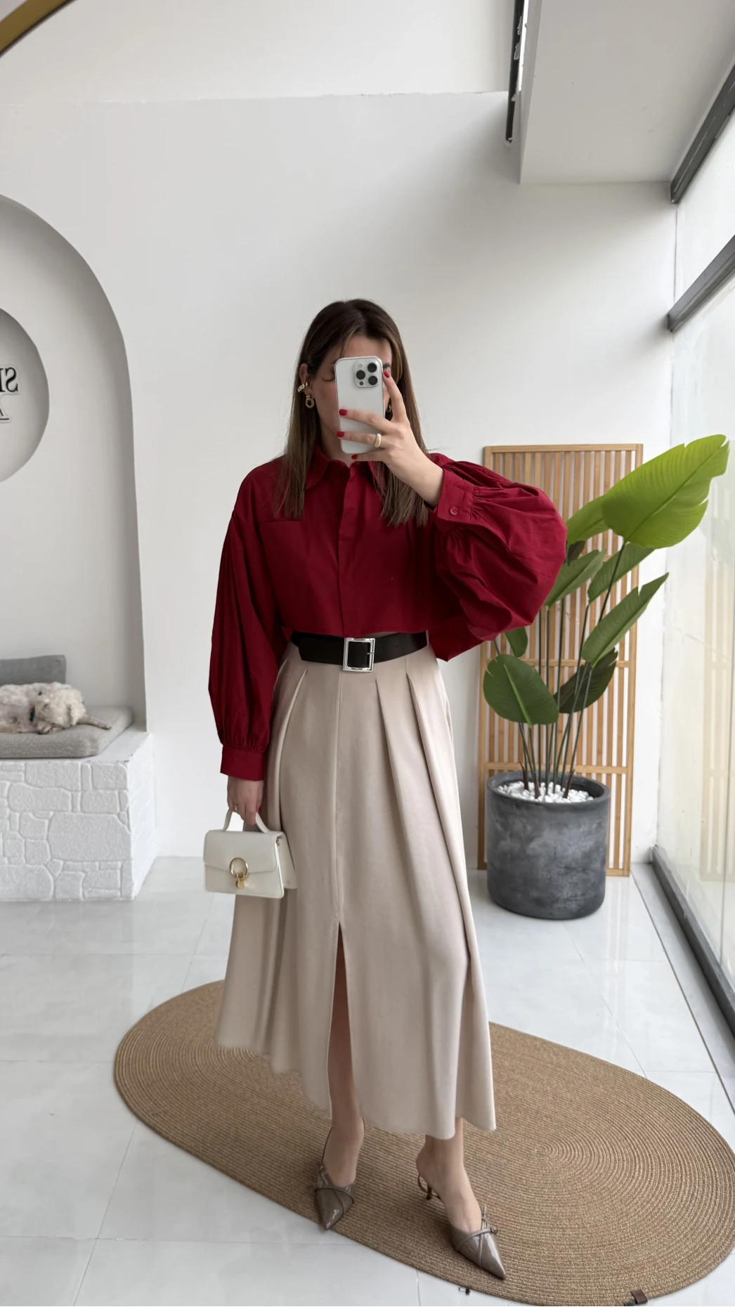 Crop Balon Kol Poplin Gömlek - Kırmızı - Kod: 5008