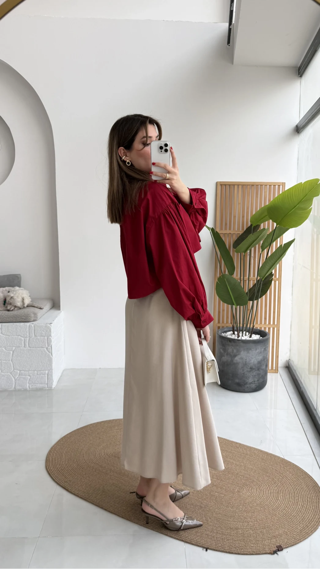 Crop Balon Kol Poplin Gömlek - Kırmızı - Kod: 5008