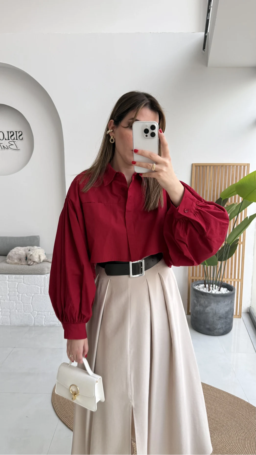 Crop Balon Kol Poplin Gömlek - Kırmızı - Kod: 5008