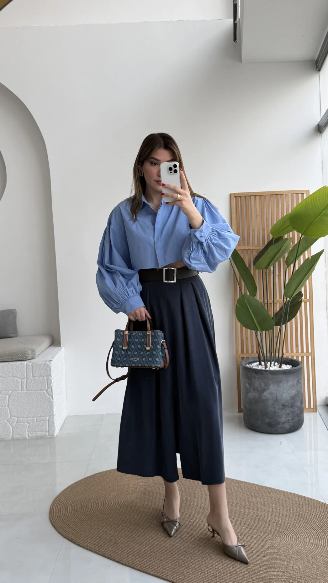 Crop Balon Kol Poplin Gömlek - Mavi - Kod: 5008