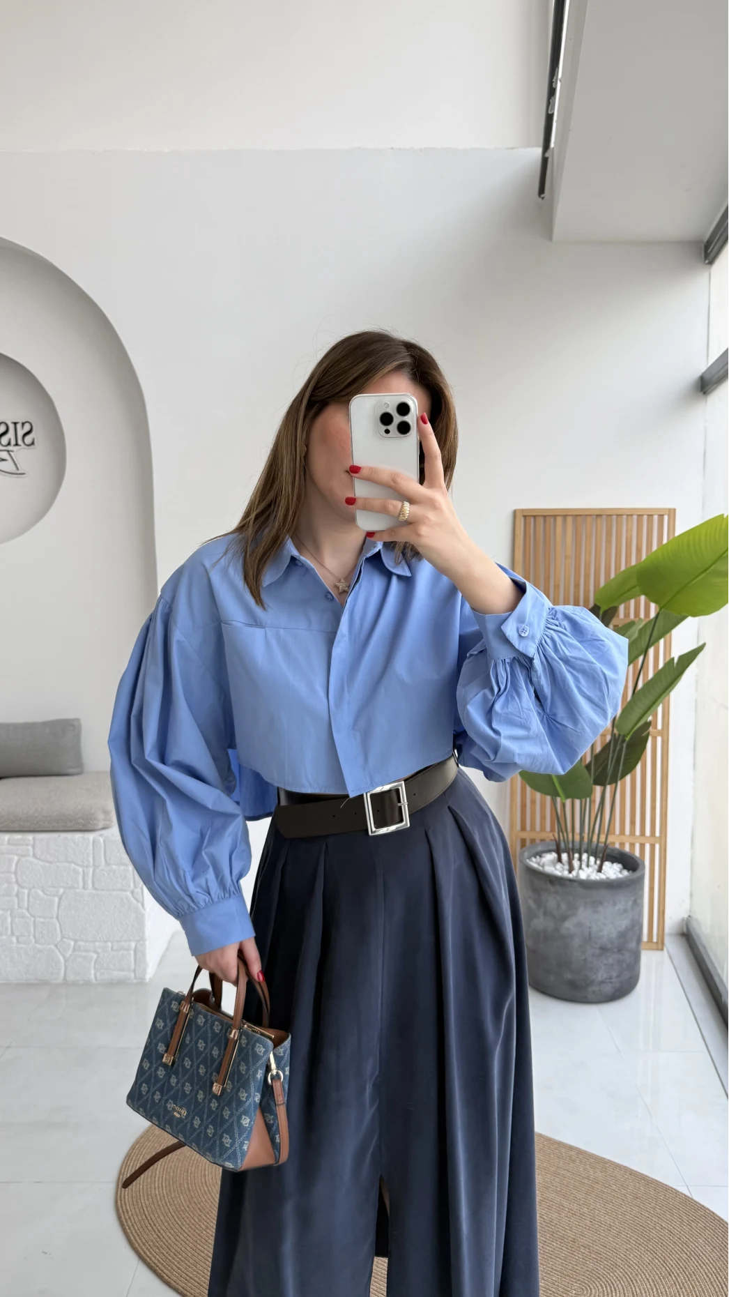 Crop Balon Kol Poplin Gömlek - Mavi - Kod: 5008