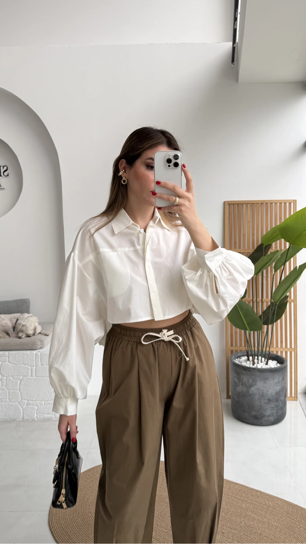 Crop Balon Kol Poplin Gömlek - Beyaz - Kod: 5008