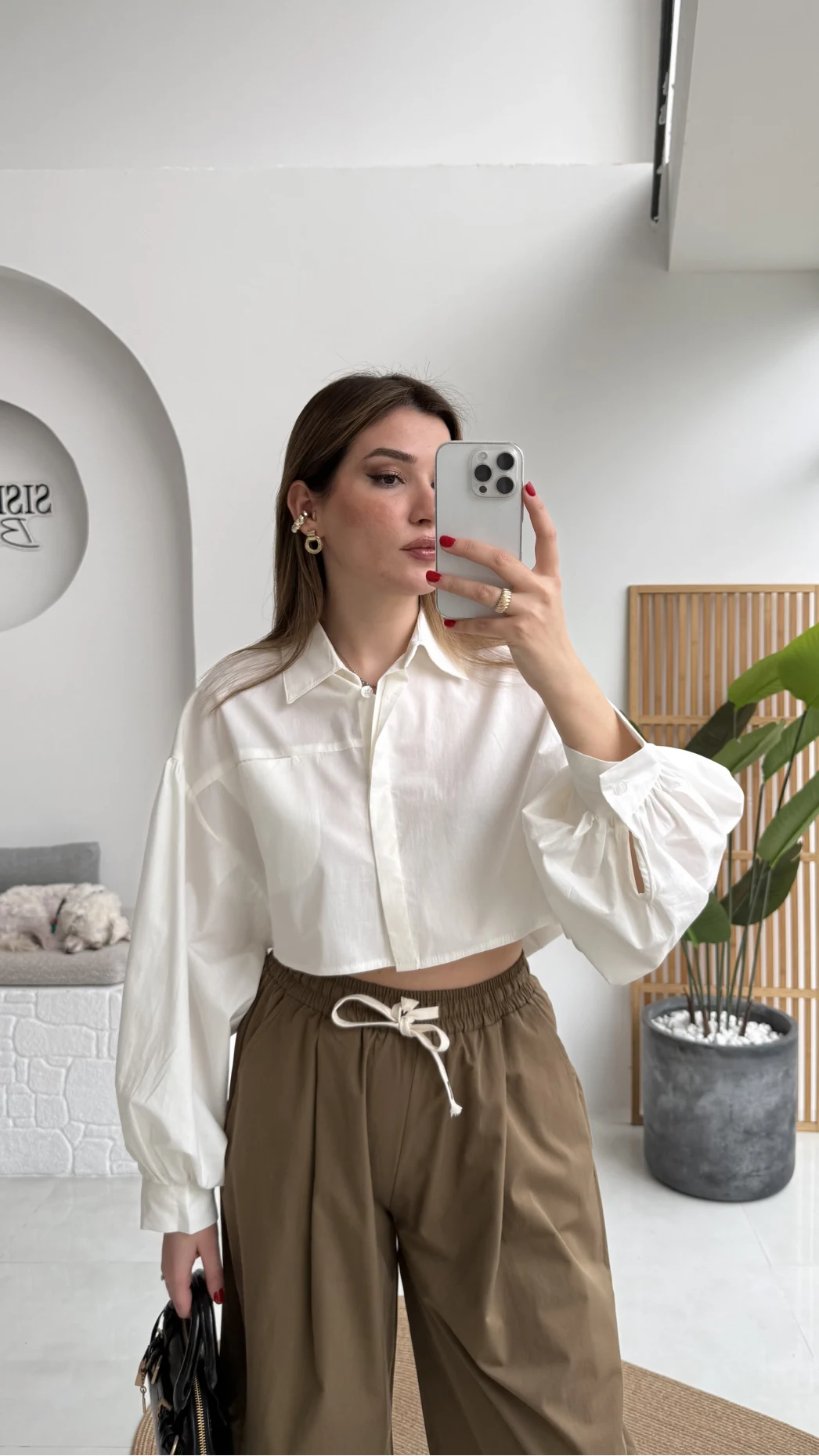 Crop Balon Kol Poplin Gömlek - Beyaz - Kod: 5008