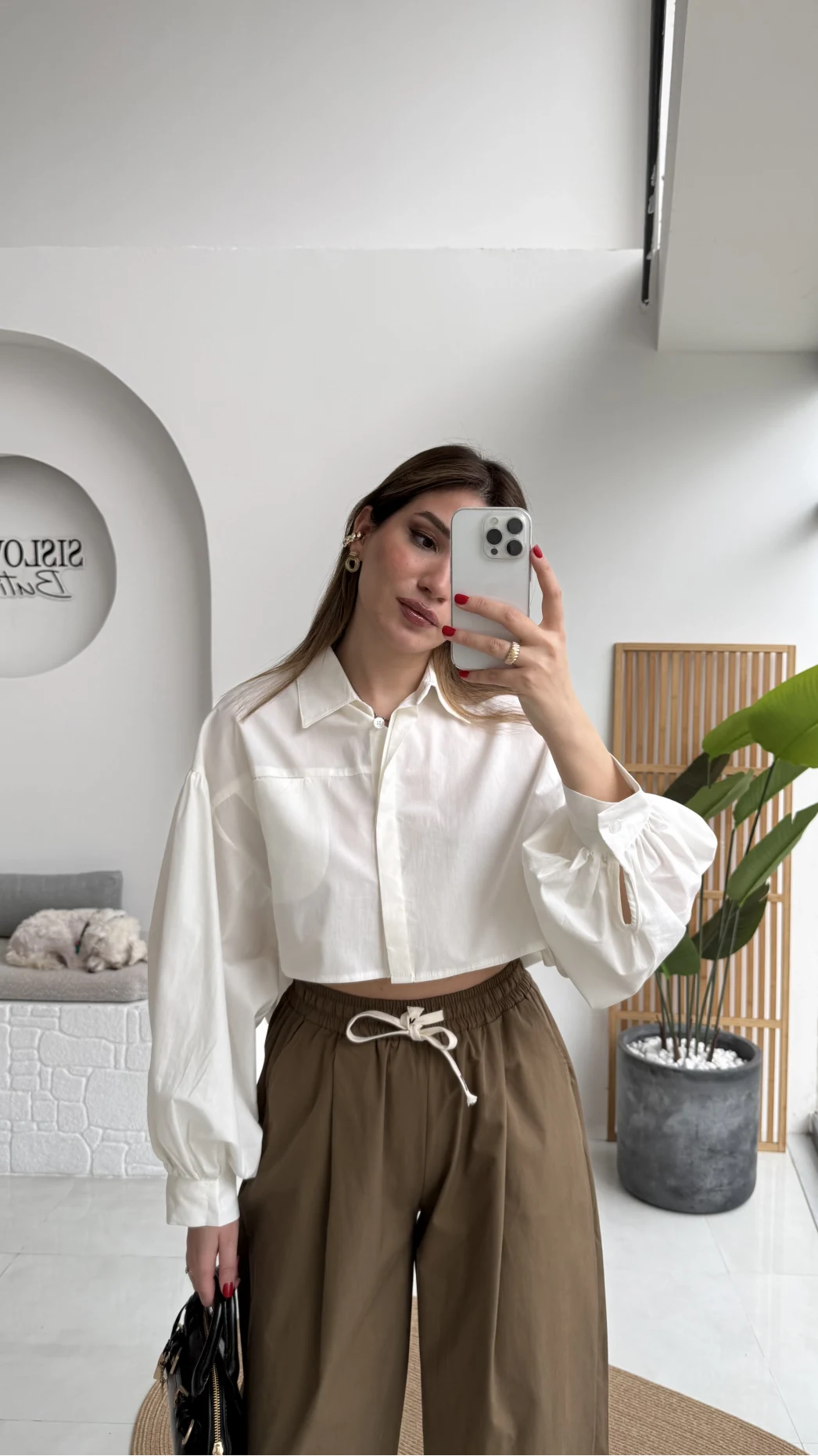 Crop Balon Kol Poplin Gömlek - Beyaz - Kod: 5008