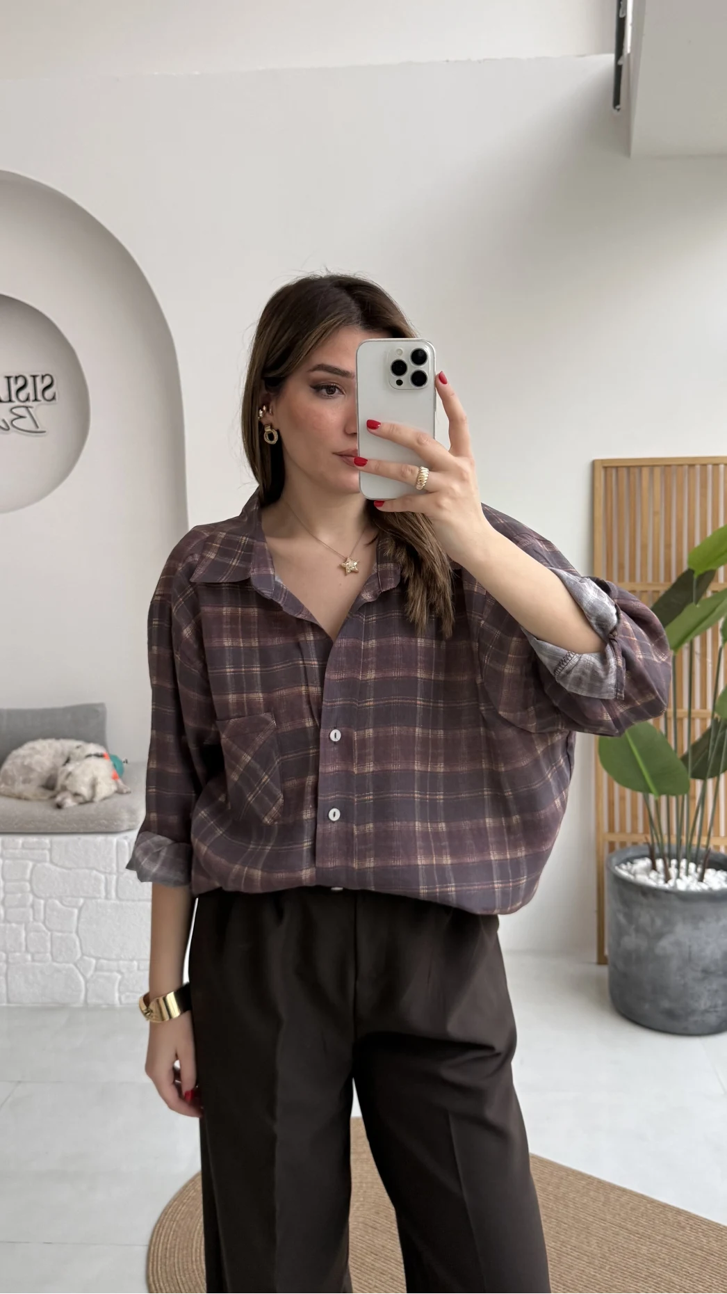 Baskılı Oversize Ekose Desenli Gömlek - Mürdüm - Kod: 4991