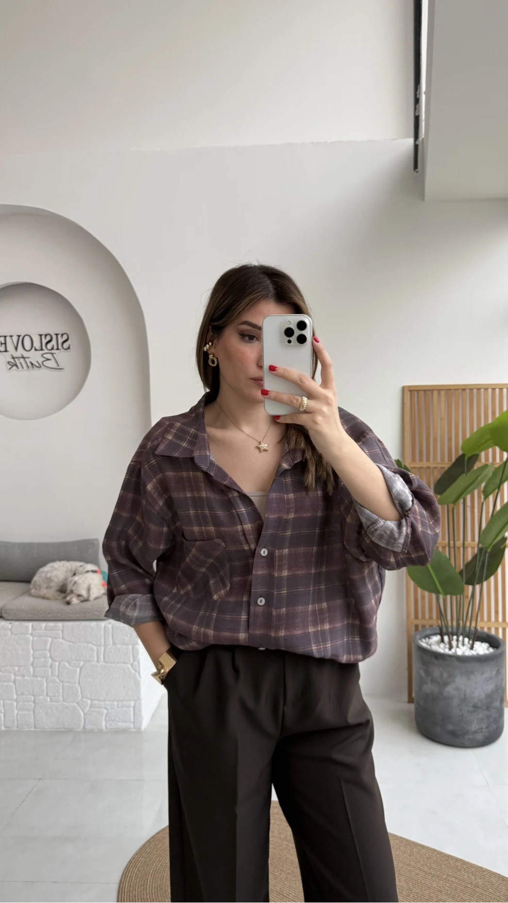 Baskılı Oversize Ekose Desenli Gömlek - Mürdüm - Kod: 4991