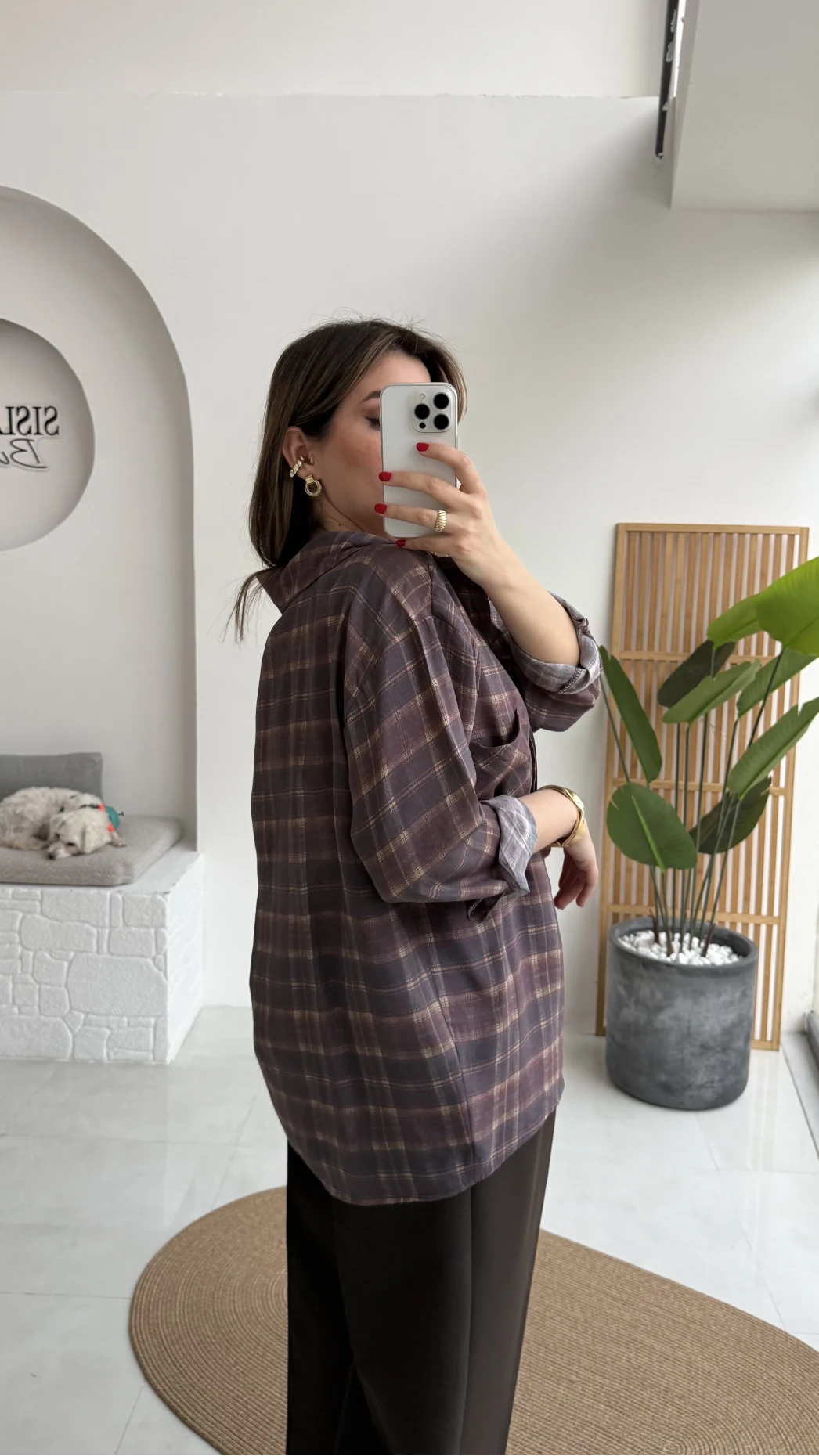 Baskılı Oversize Ekose Desenli Gömlek - Mürdüm - Kod: 4991