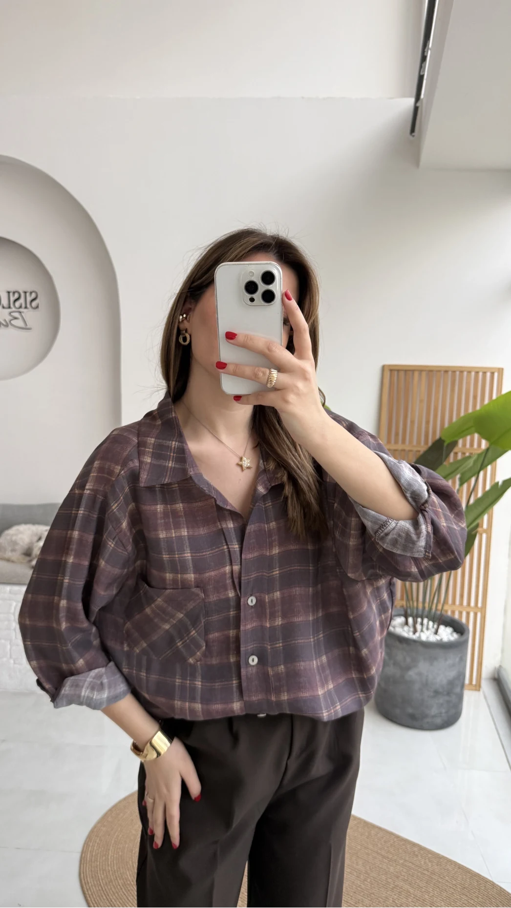 Baskılı Oversize Ekose Desenli Gömlek - Mürdüm - Kod: 4991