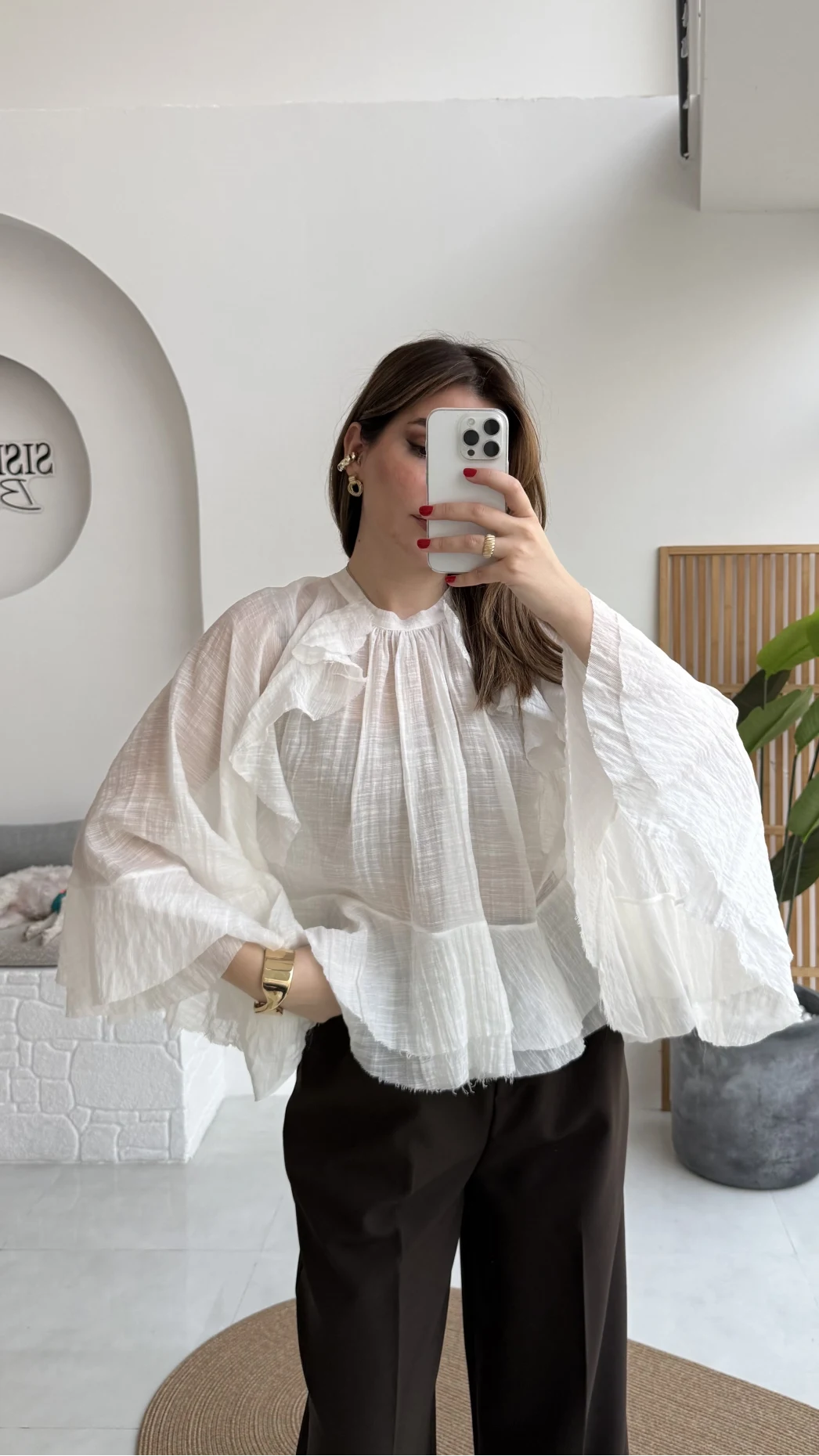 Fırfırlı Transparan Bluz - Beyaz - Kod: 5009