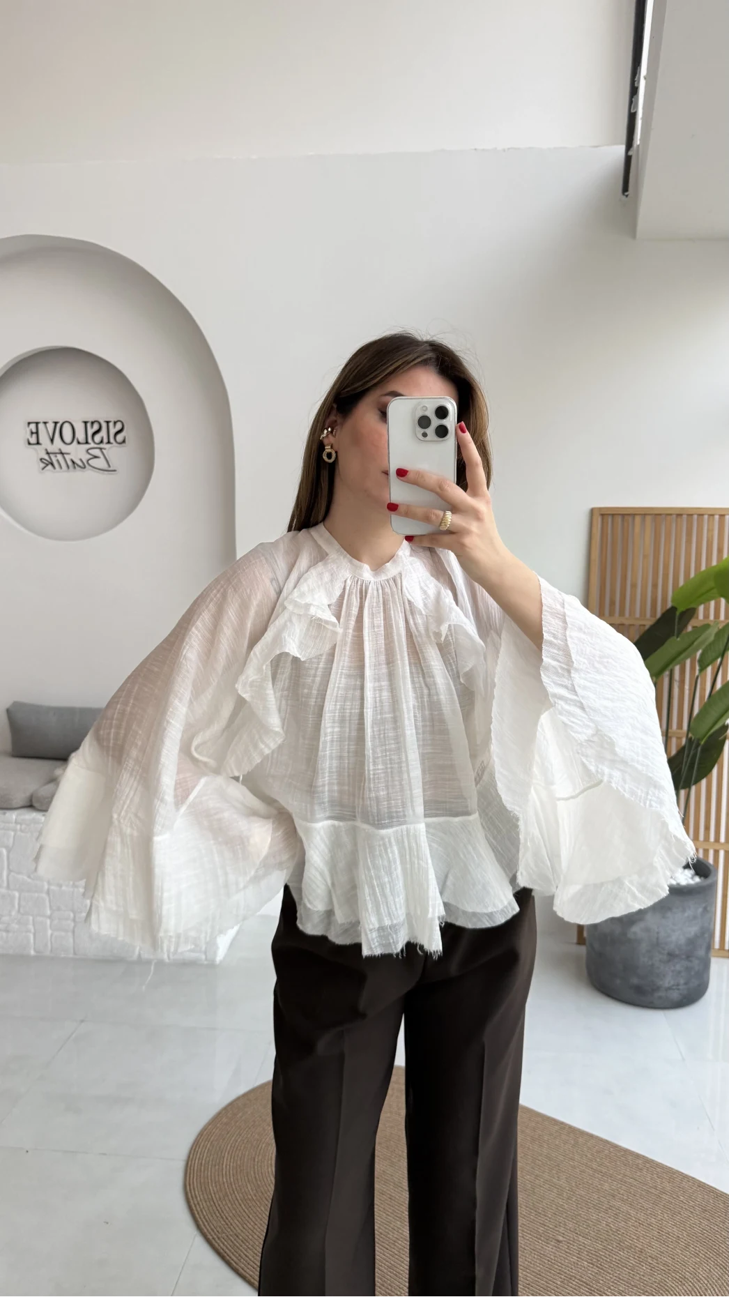 Fırfırlı Transparan Bluz - Beyaz - Kod: 5009