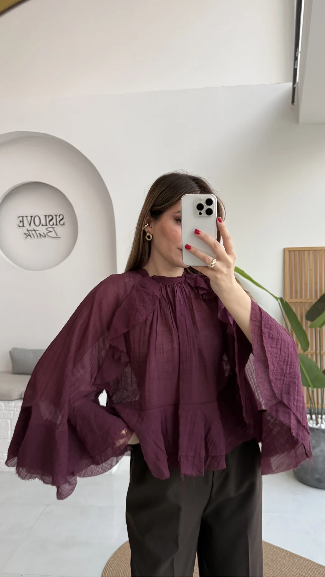 Fırfırlı Transparan Bluz - Mürdüm - Kod: 5009