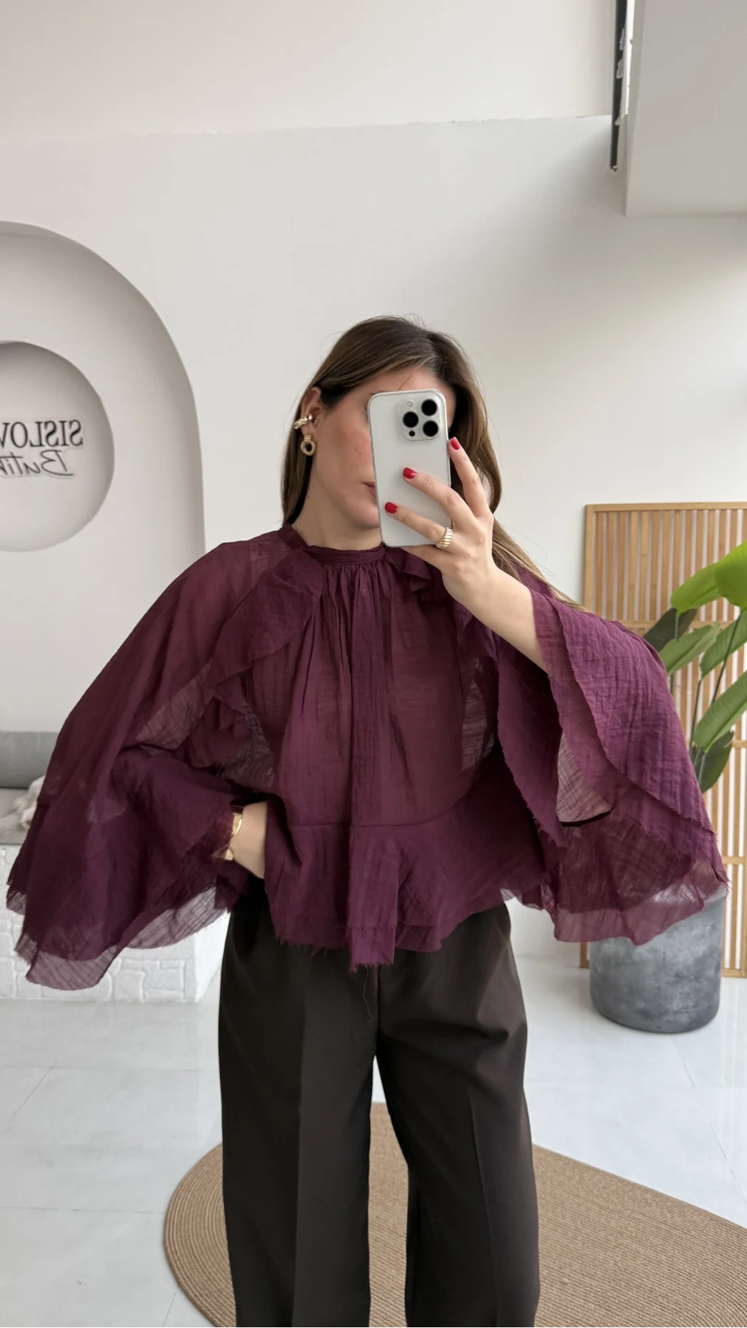 Fırfırlı Transparan Bluz - Mürdüm - Kod: 5009