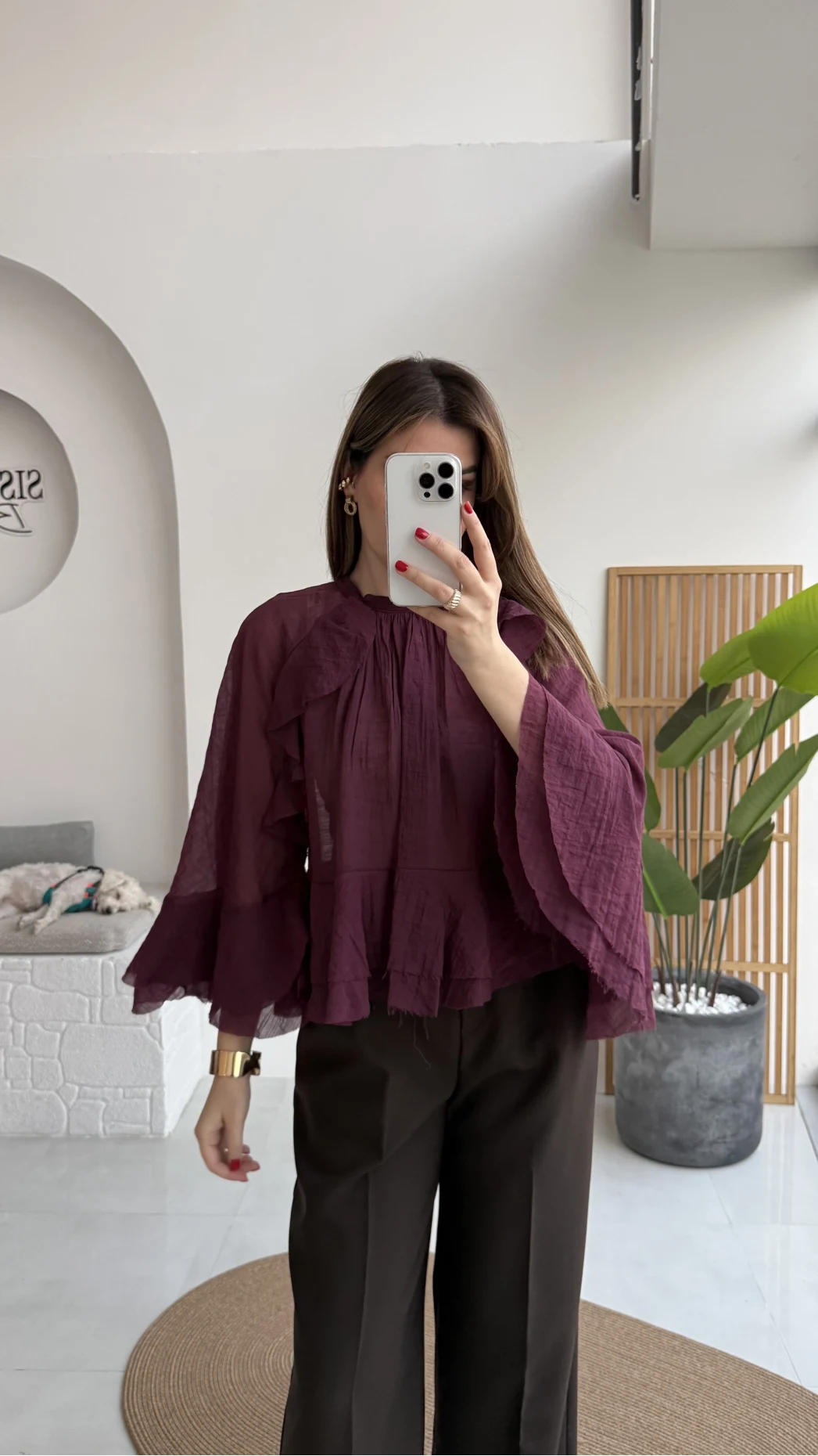 Fırfırlı Transparan Bluz - Mürdüm - Kod: 5009