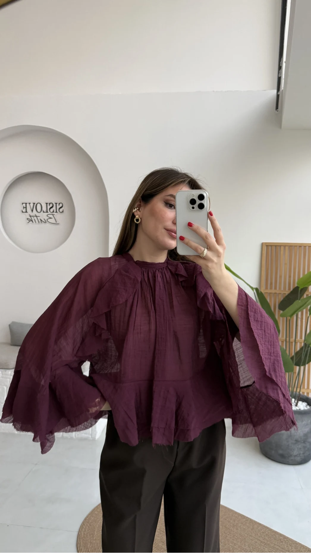 Fırfırlı Transparan Bluz - Mürdüm - Kod: 5009