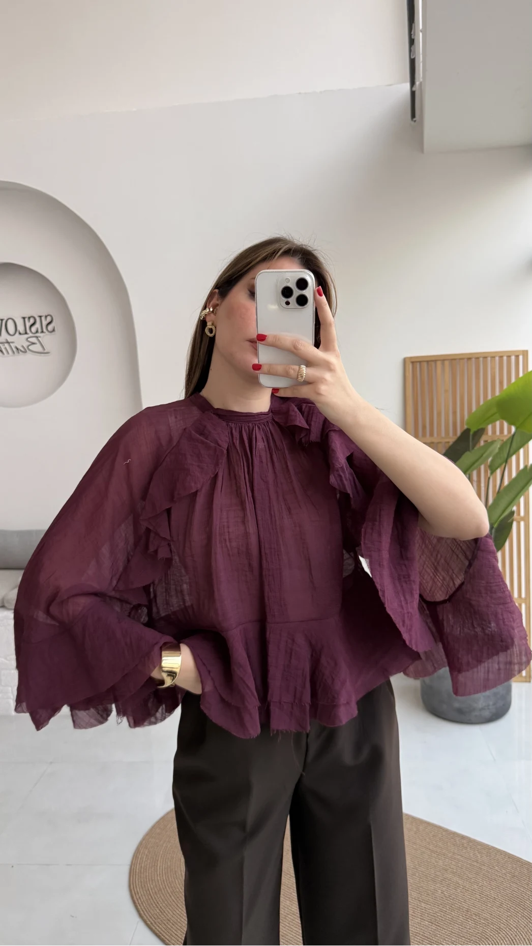 Fırfırlı Transparan Bluz - Mürdüm - Kod: 5009