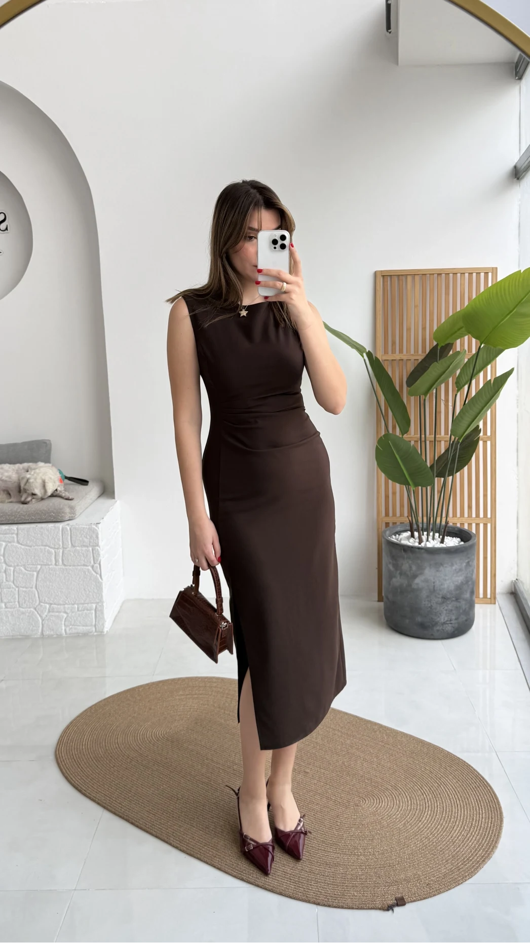 Jenny Pile Detay Yırtmaçlı Sıfır Kol Elbise - Acı Kahve - Kod: 0572