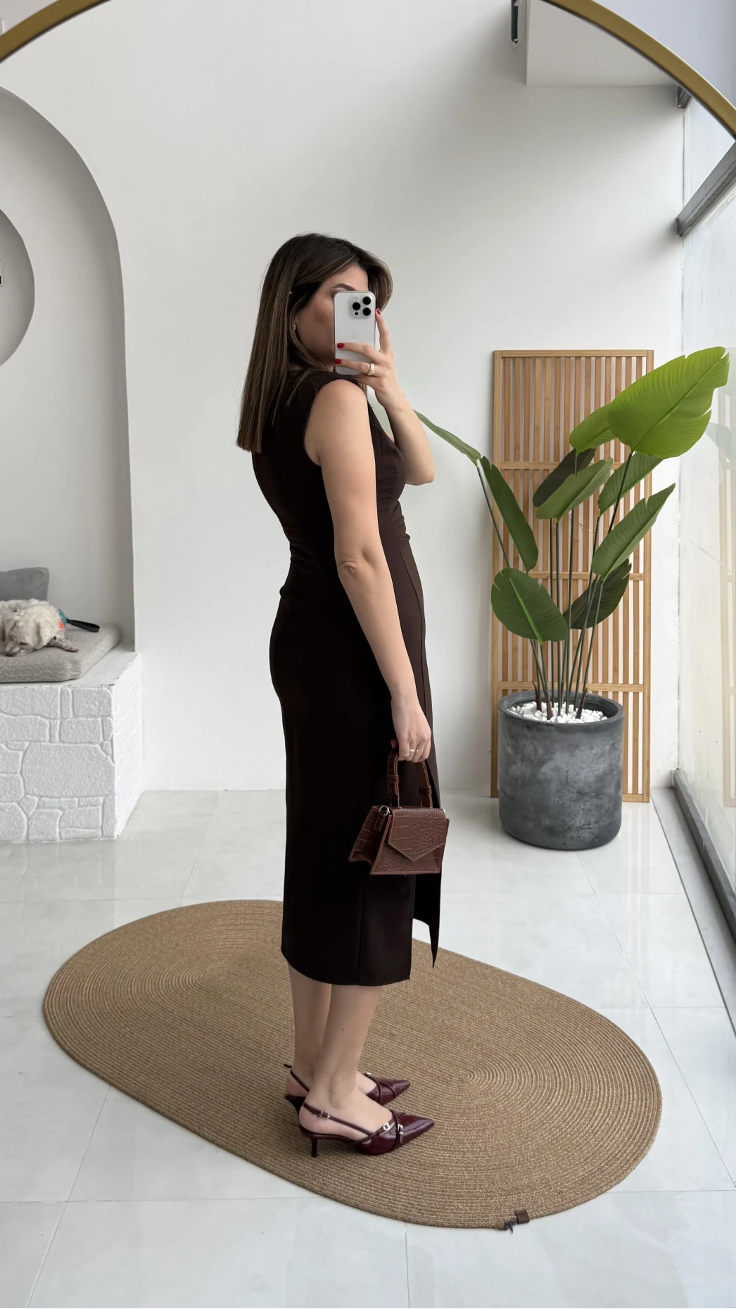 Jenny Pile Detay Yırtmaçlı Sıfır Kol Elbise - Acı Kahve - Kod: 0572