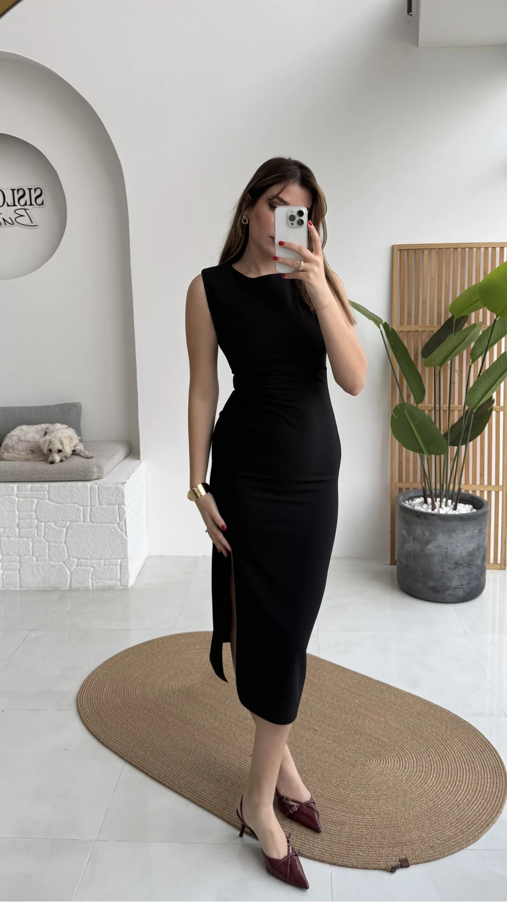 Jenny Pile Detay Yırtmaçlı Sıfır Kol Elbise - Siyah - Kod: 0572