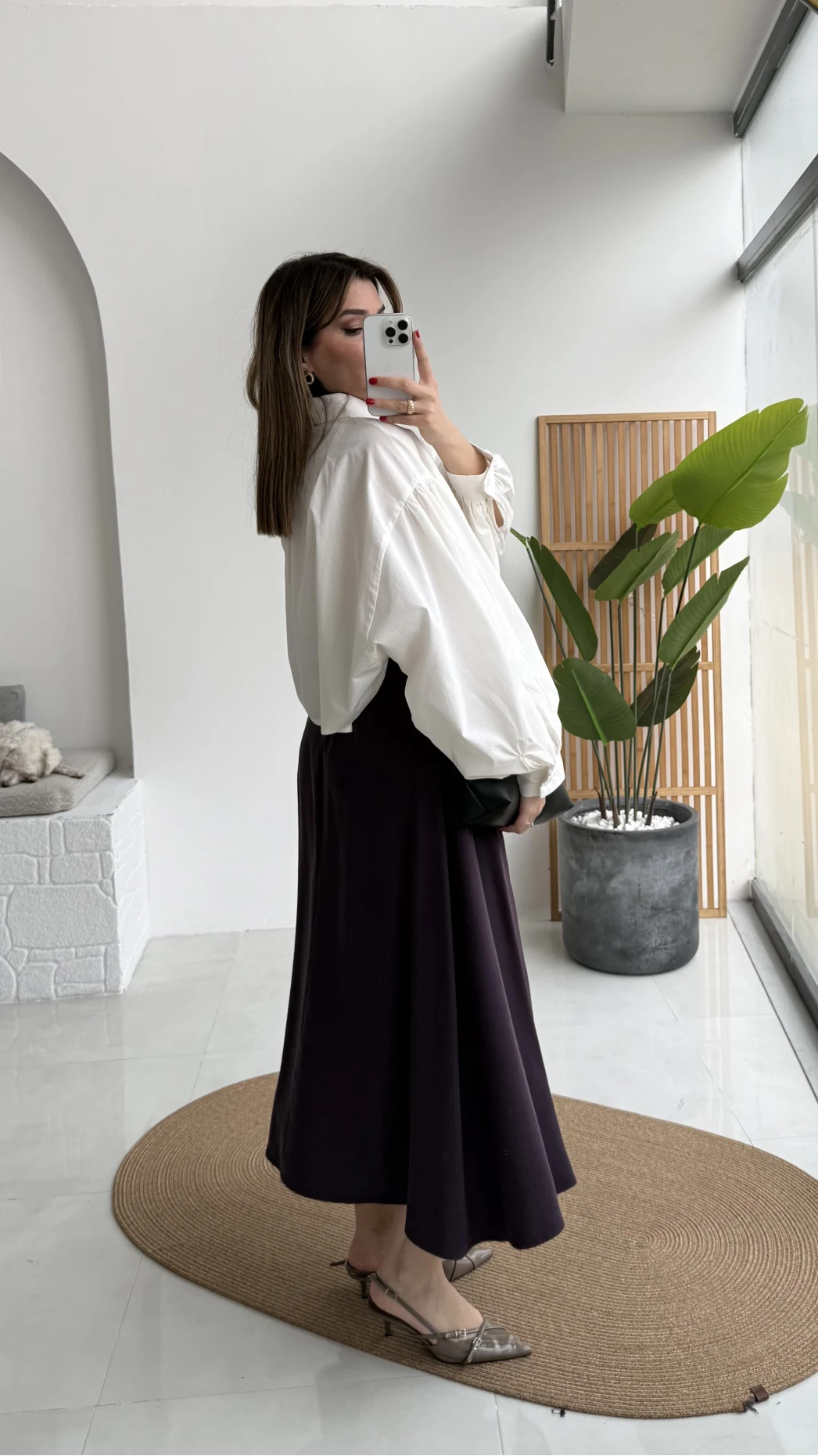 Bitter Kemerli Pileli Yırtmaç Detay Midi Boy Etek - Mürdüm - Kod: 5043