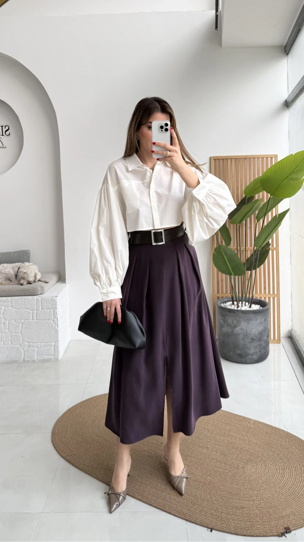 Bitter Kemerli Pileli Yırtmaç Detay Midi Boy Etek - Mürdüm - Kod: 5043