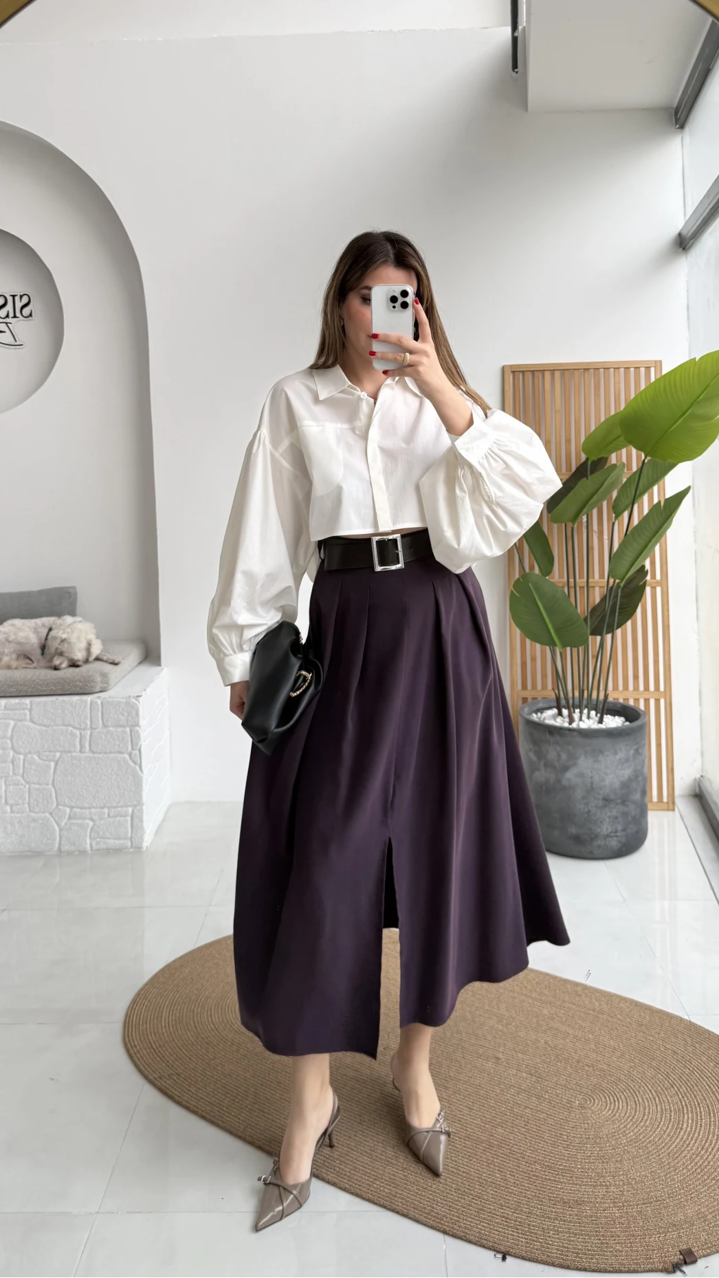 Bitter Kemerli Pileli Yırtmaç Detay Midi Boy Etek - Mürdüm - Kod: 5043