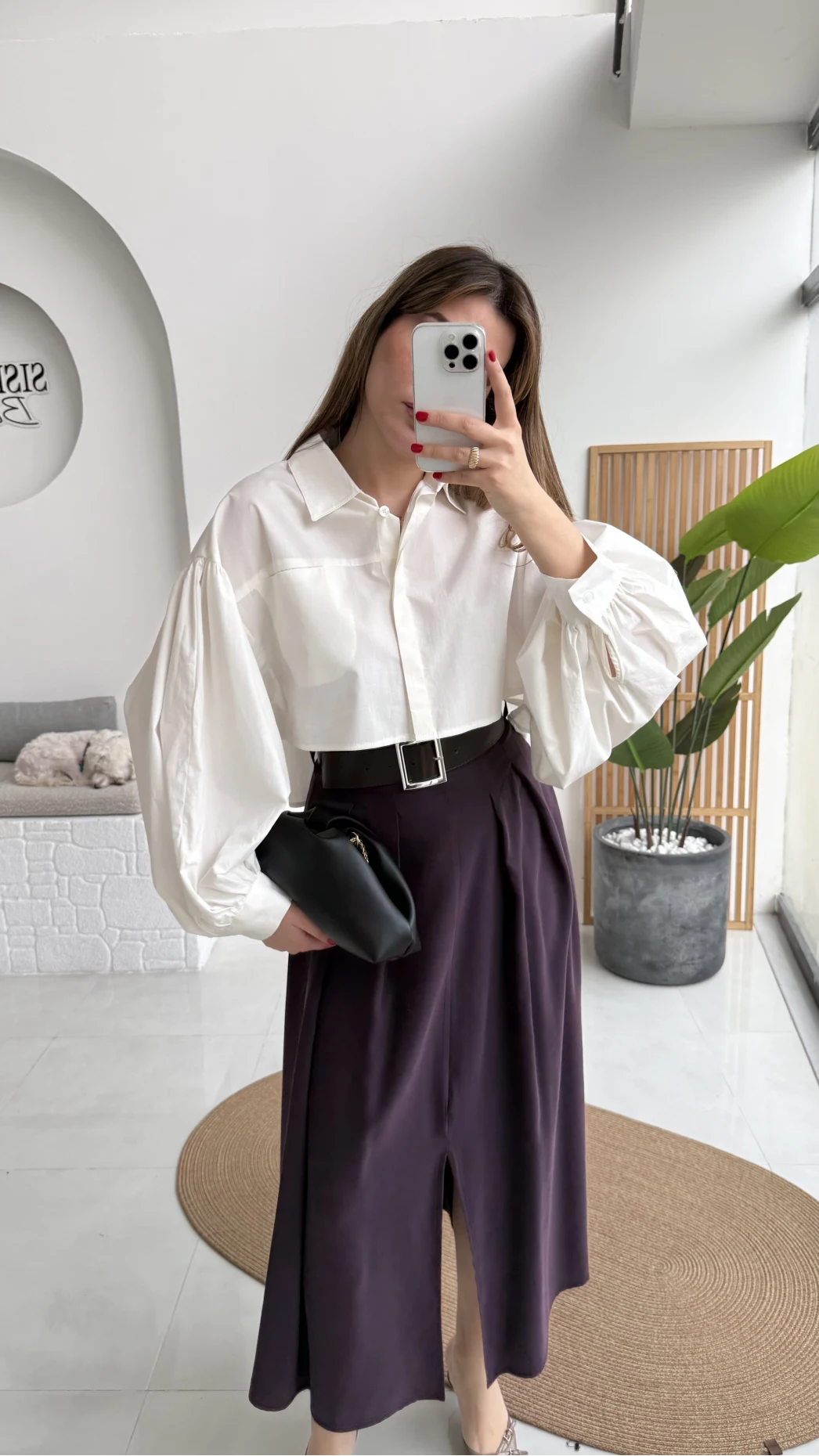 Bitter Kemerli Pileli Yırtmaç Detay Midi Boy Etek - Mürdüm - Kod: 5043