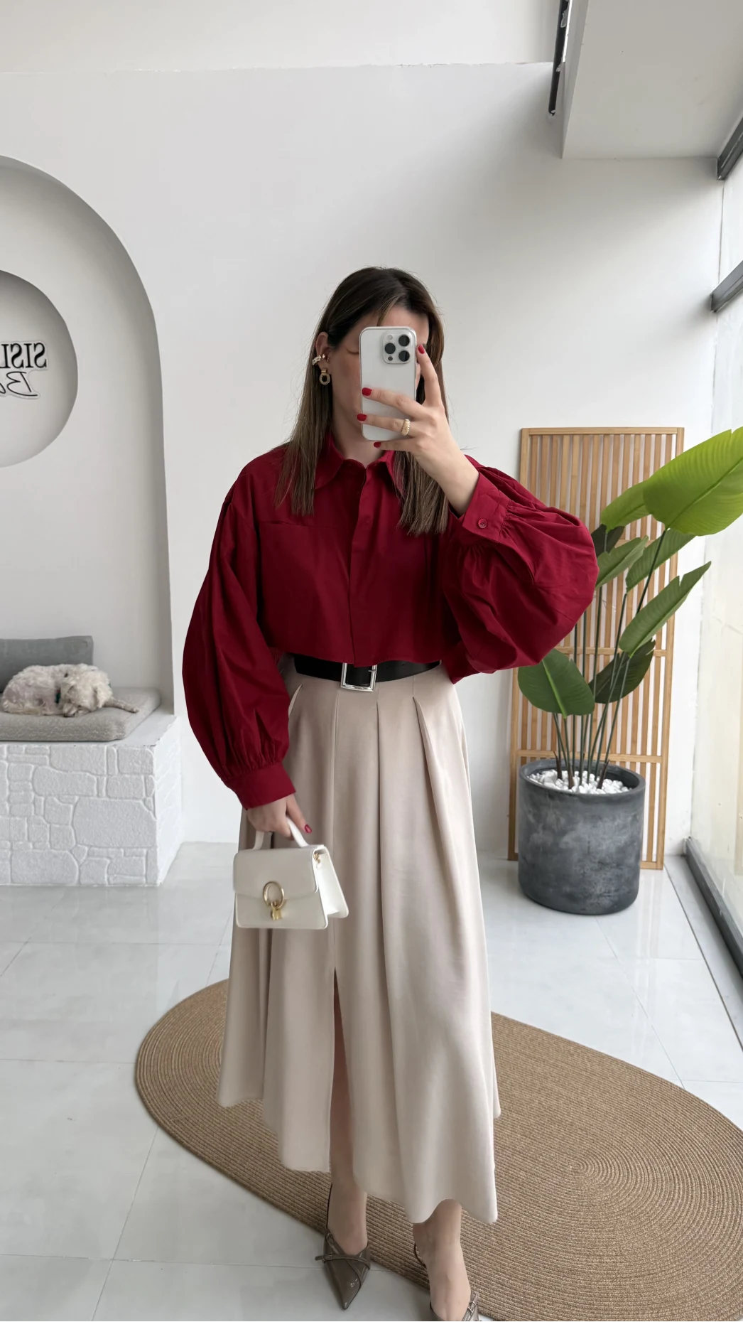 Bitter Kemerli Pileli Yırtmaç Detay Midi Boy Etek - Taş - Kod: 5043