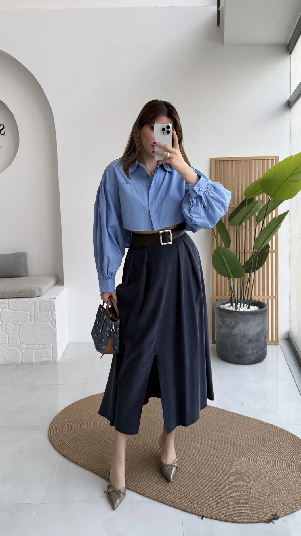 Bitter Kemerli Pileli Yırtmaç Detay Midi Boy Etek - Lacivert - Kod: 5043