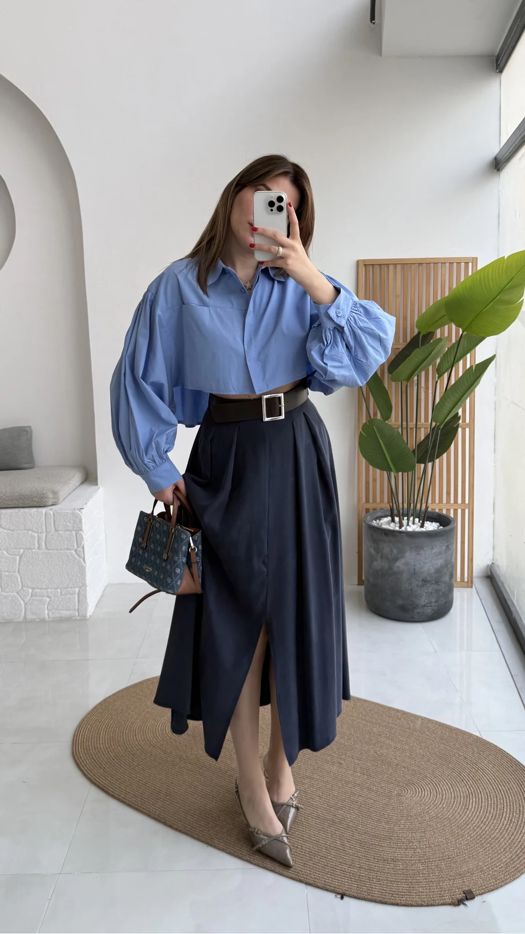 Bitter Kemerli Pileli Yırtmaç Detay Midi Boy Etek - Lacivert - Kod: 5043