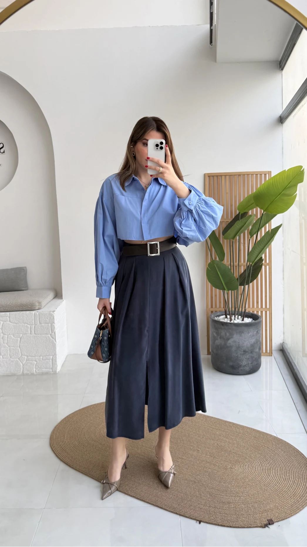 Bitter Kemerli Pileli Yırtmaç Detay Midi Boy Etek - Lacivert - Kod: 5043