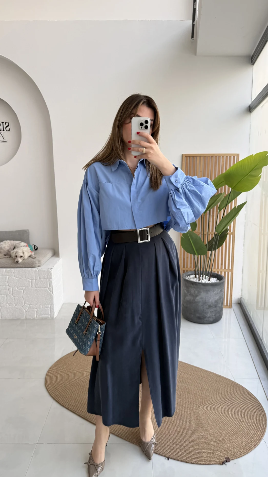 Bitter Kemerli Pileli Yırtmaç Detay Midi Boy Etek - Lacivert - Kod: 5043