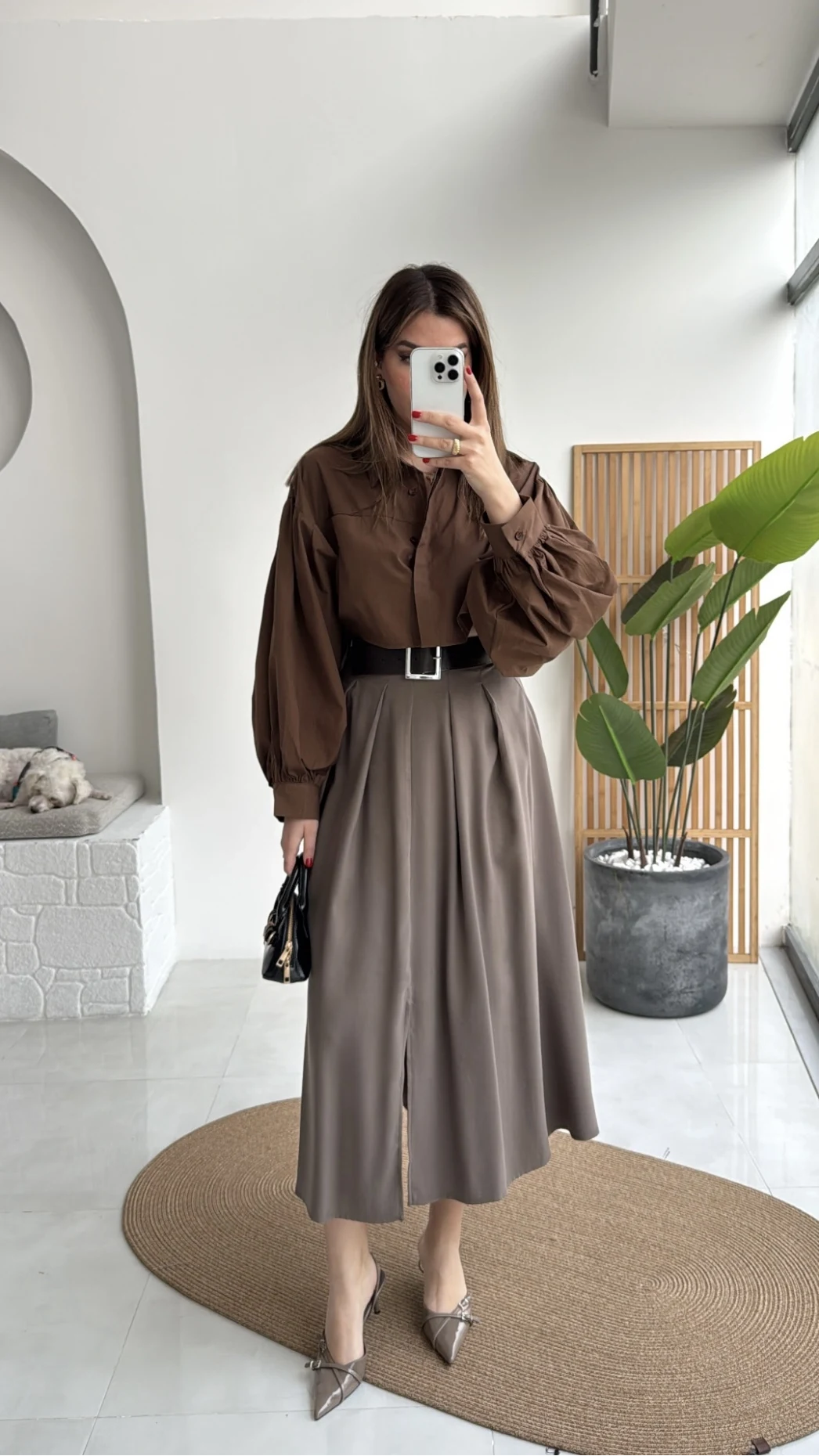 Bitter Kemerli Pileli Yırtmaç Detay Midi Boy Etek - Haki - Kod: 5043