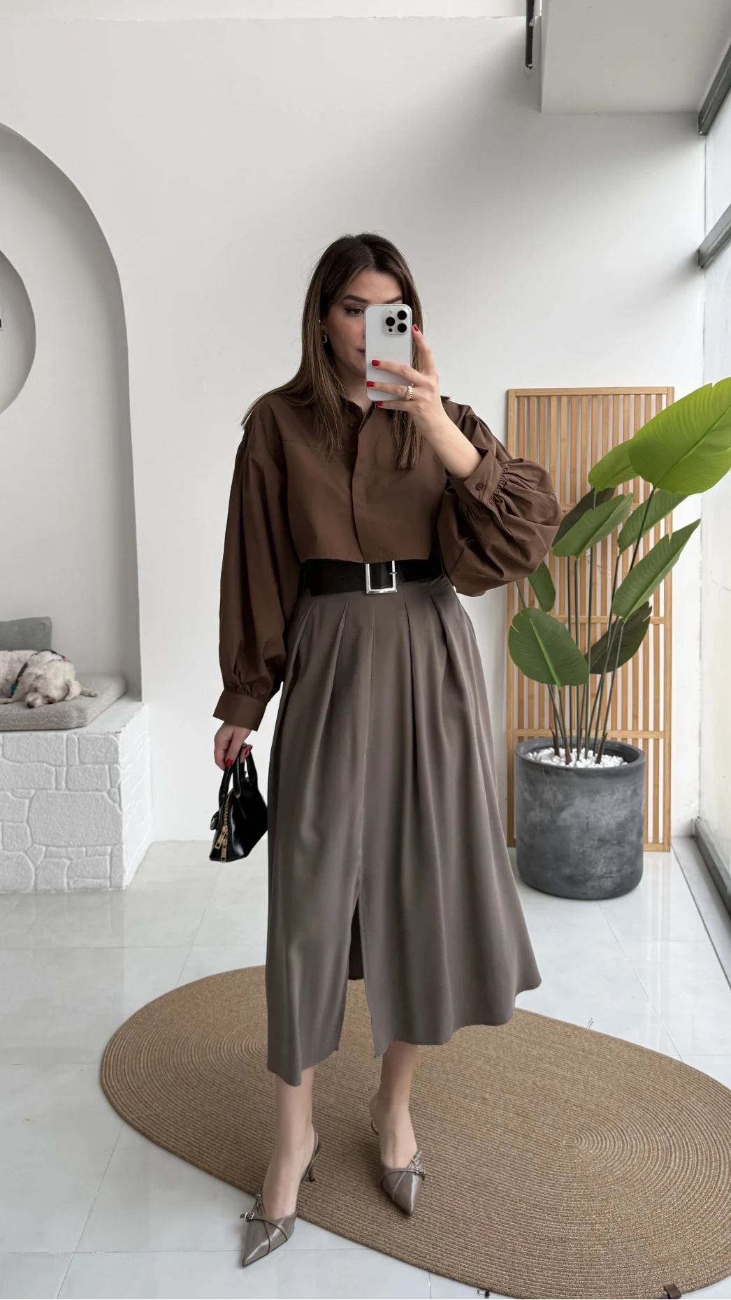 Bitter Kemerli Pileli Yırtmaç Detay Midi Boy Etek - Haki - Kod: 5043