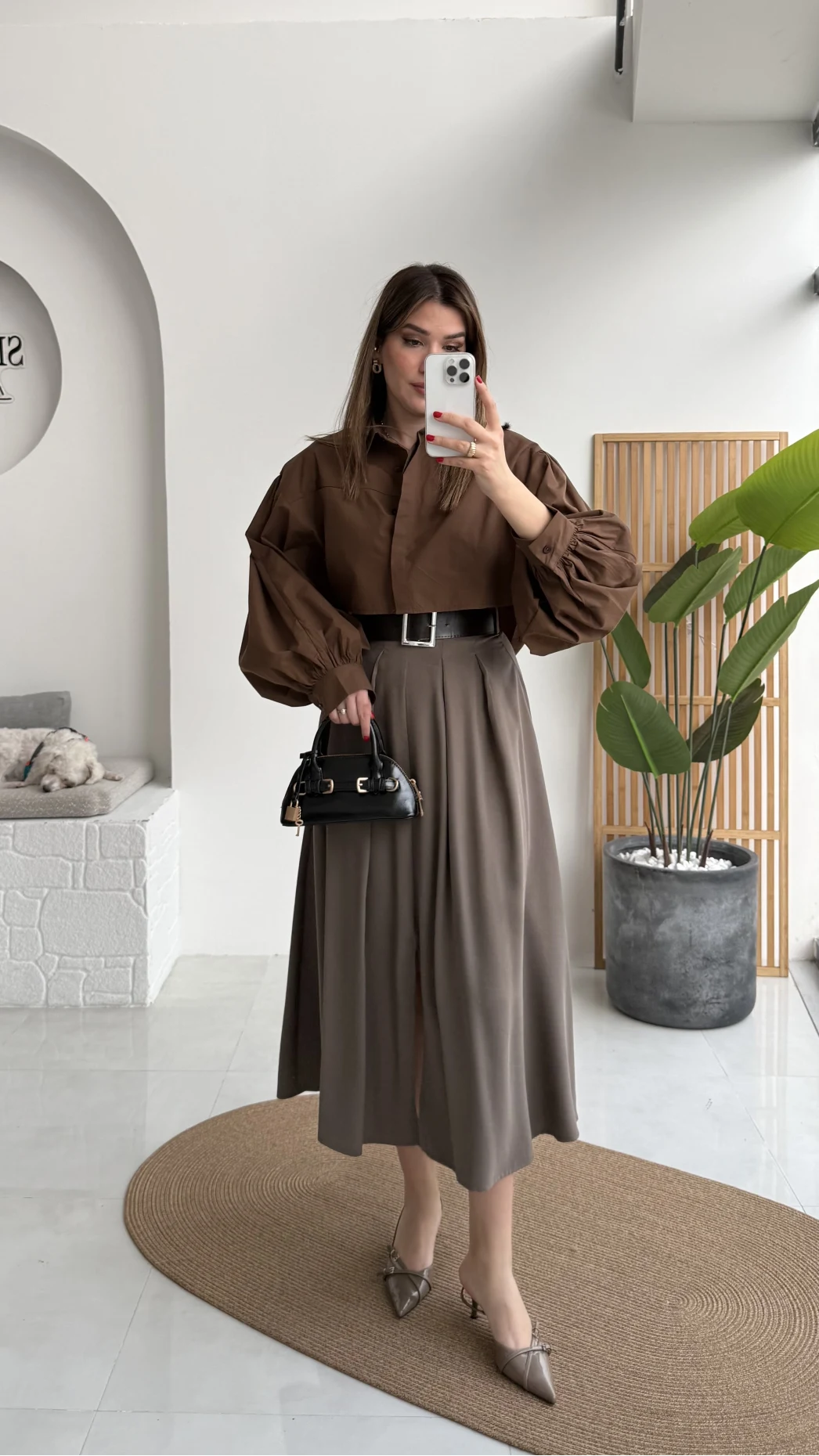 Bitter Kemerli Pileli Yırtmaç Detay Midi Boy Etek - Haki - Kod: 5043